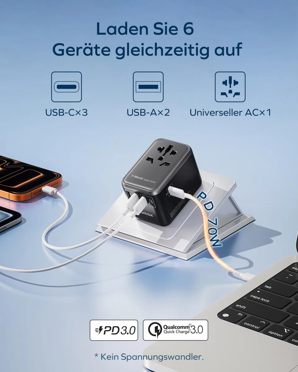 MOMAX Travel Adapter Worldwide, 70W GaN Reiseadapter Weltweit mit 3 USB C and 2 USB A,6-in-1 Worldwide Travel Adapter für EU UK USA Japan (TYP A/G/C/I)