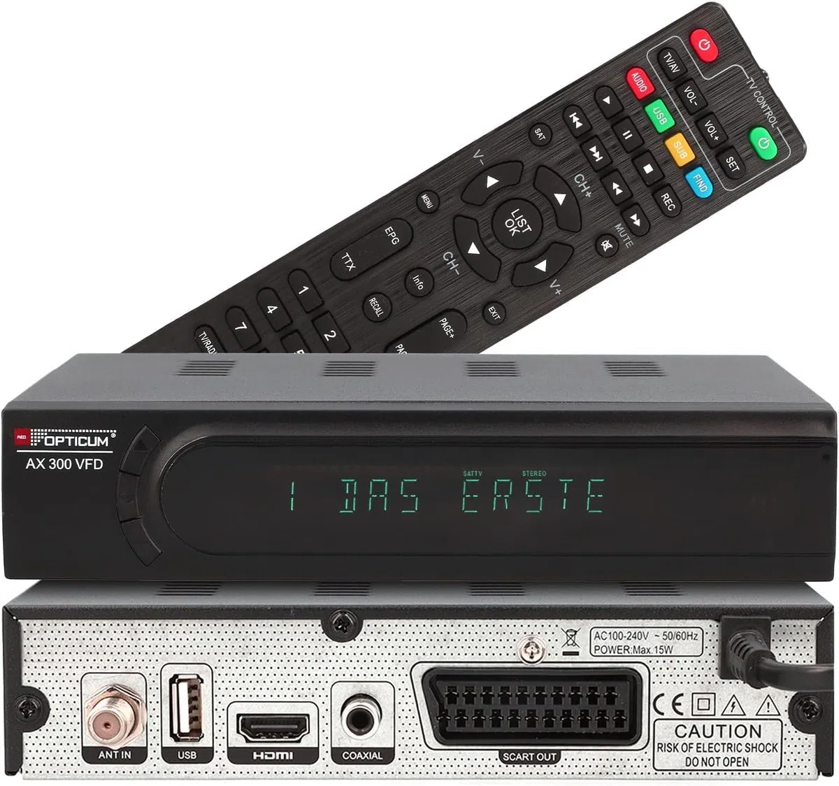 RED OPTICUM AX 300 VFD Sat Receiver mit PVR I Digitaler Satelliten-Receiver HD mit alphanumerischem Display - DVB-S2 - HDMI - SCART - USB 2.0 - Coaxial Audio I 12V Netzteil ideal für Camping