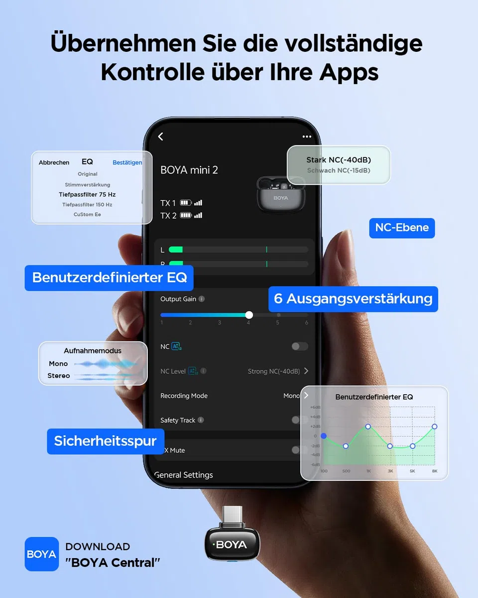 BOYA Mini 2 Mikrofon Handy, Wireless Lavalier Mikrofon für iPhone15/16/17 & Android USB-C, Ansteckmikrofone mit 48kHz/24Bit, App-Steuerung für Vlogging, TikTok Content Creator