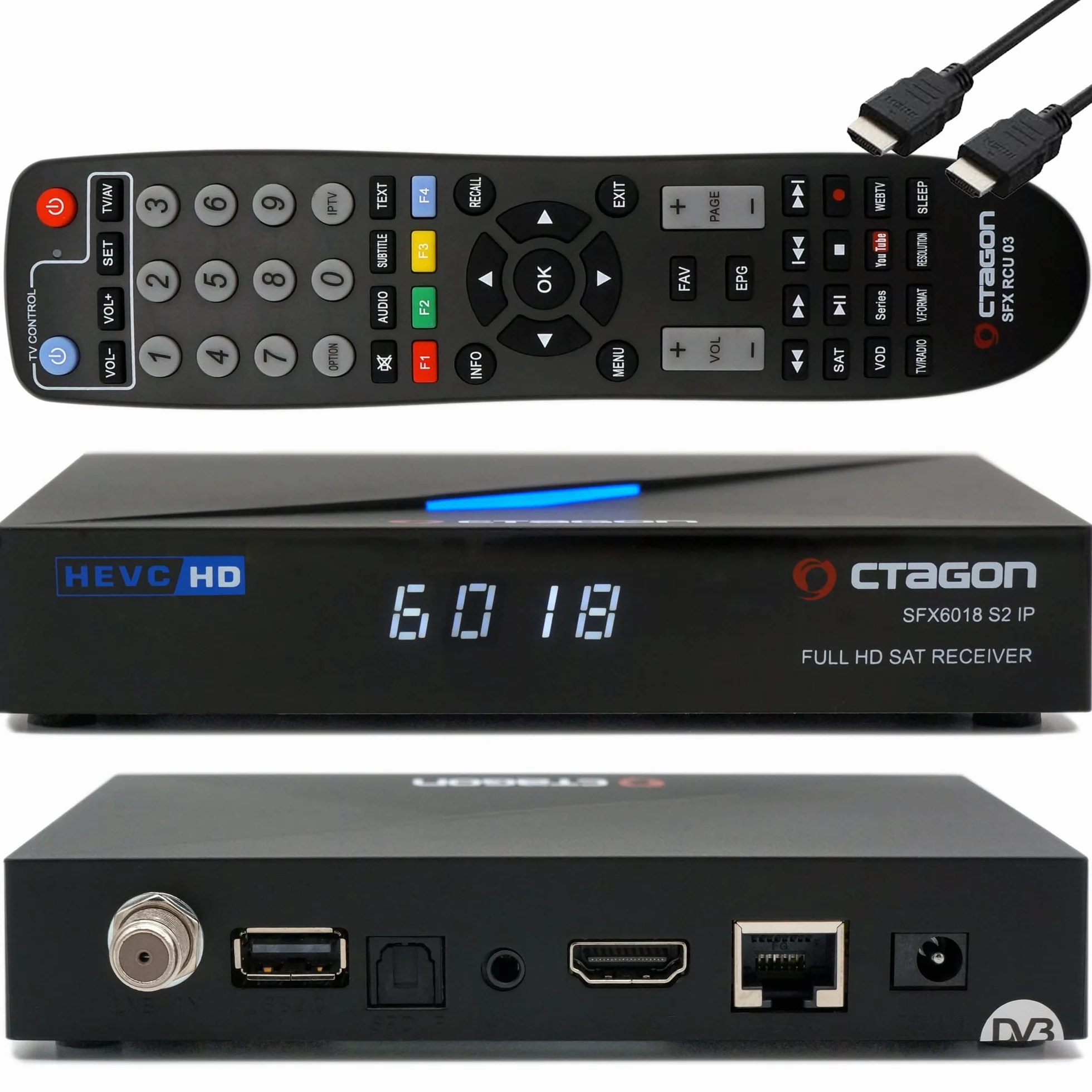 Octagon SFX6018 S2+IP no WiFi H.265 HEVC 1x DVB-S2 HD E2 Linux Smart Receiver, Satelliten Receiver mit Aufnahmefunktion, Kartenleser, YouTube, Web-Radio, EasyMouse HDMI-Kabel, Schwarz