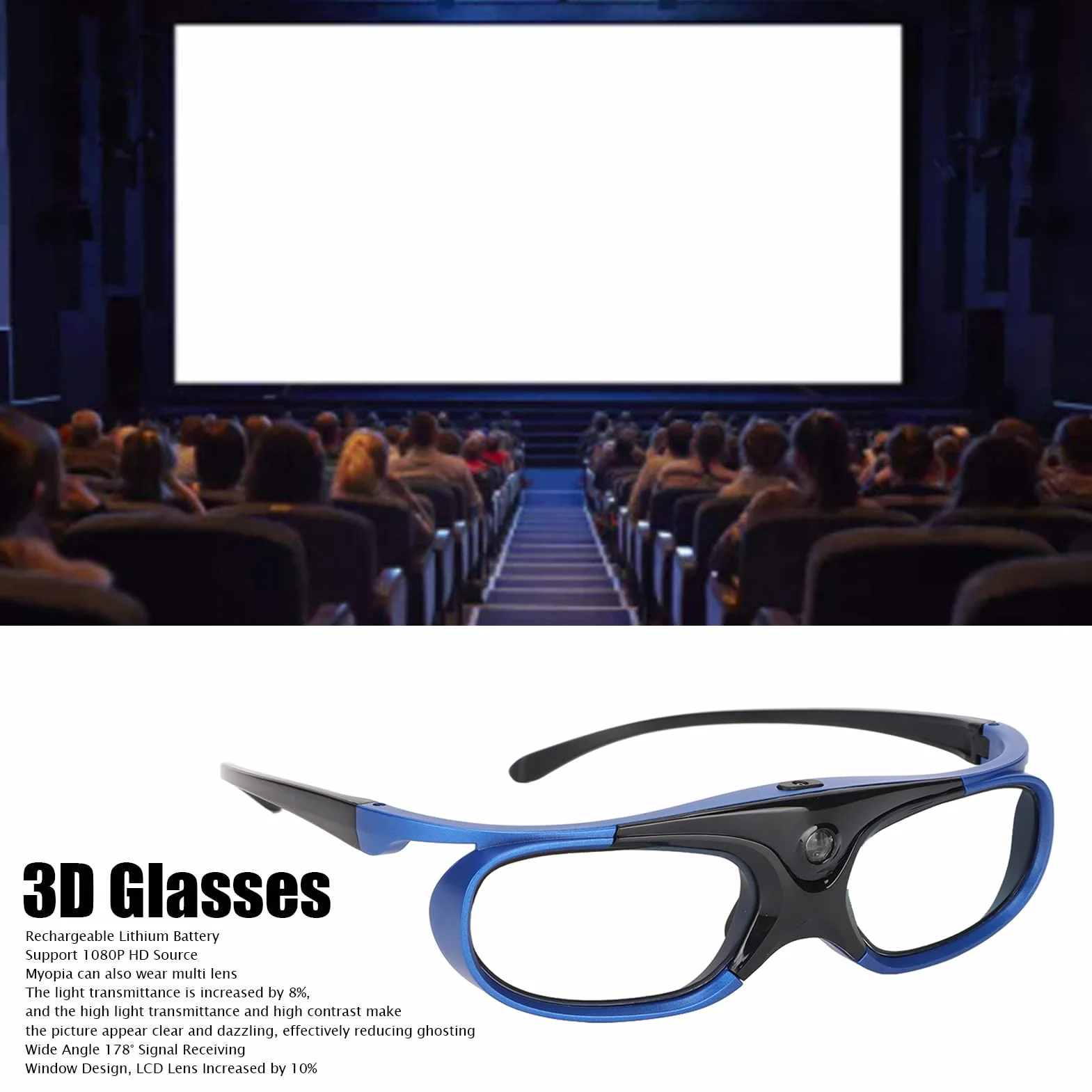 DLP Link Active Shutter 3D-Brille, Wiederaufladbar, 144 Hz, Leicht und Bequem, Drehung des Linken und Rechten Auges für DLP Link-Projektor
