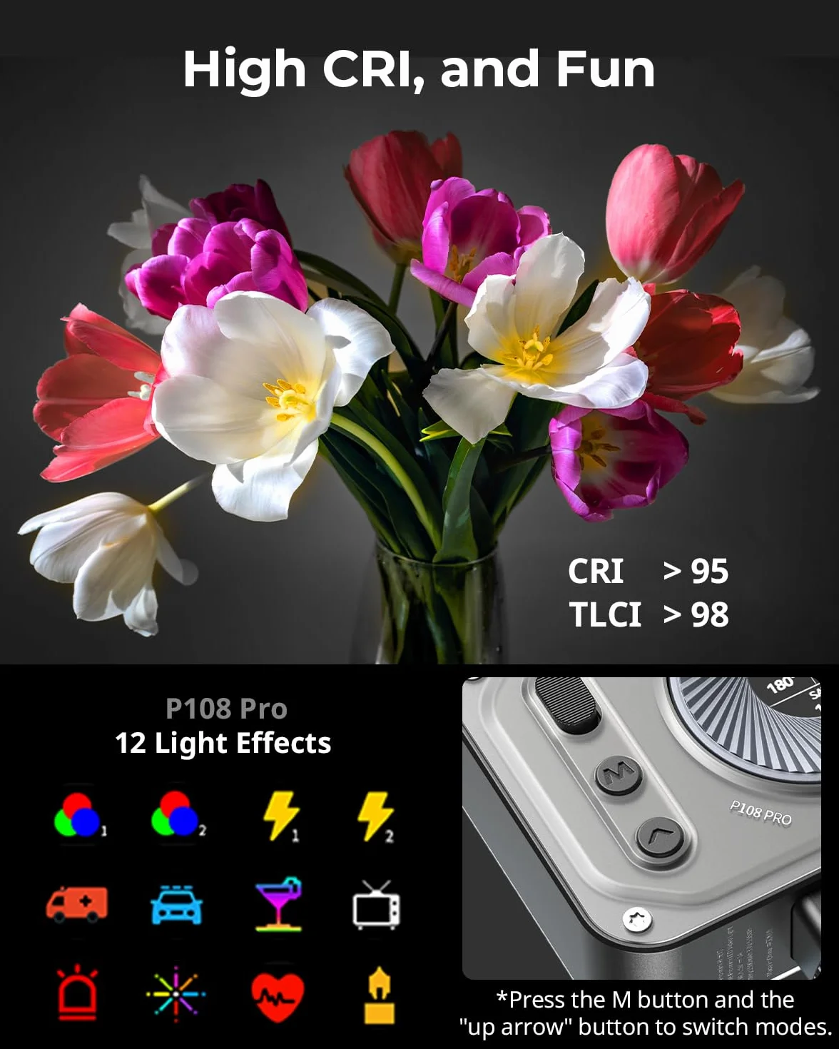 SMALLRIG Vibe P108 Pro RGB-Videoleuchte, Tragbare LED-Kameraleuchte für Fotografie, Blitzschuhleuchte, CRI95+, 2500-6500 K, 12 Effekte, Fülllichtzubehör für Content Creator, Streaming - 4661