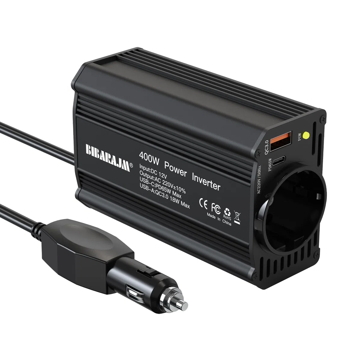 400W Auto Spannungswandler DC 12V auf AC 230V mit 2 Steckdosen und PD65W USB-C, USB-Ports, Schnellladegerät, Autoladegerät mit Zigarettenanzünderstecker für Geschäftsfahrten und Ferien