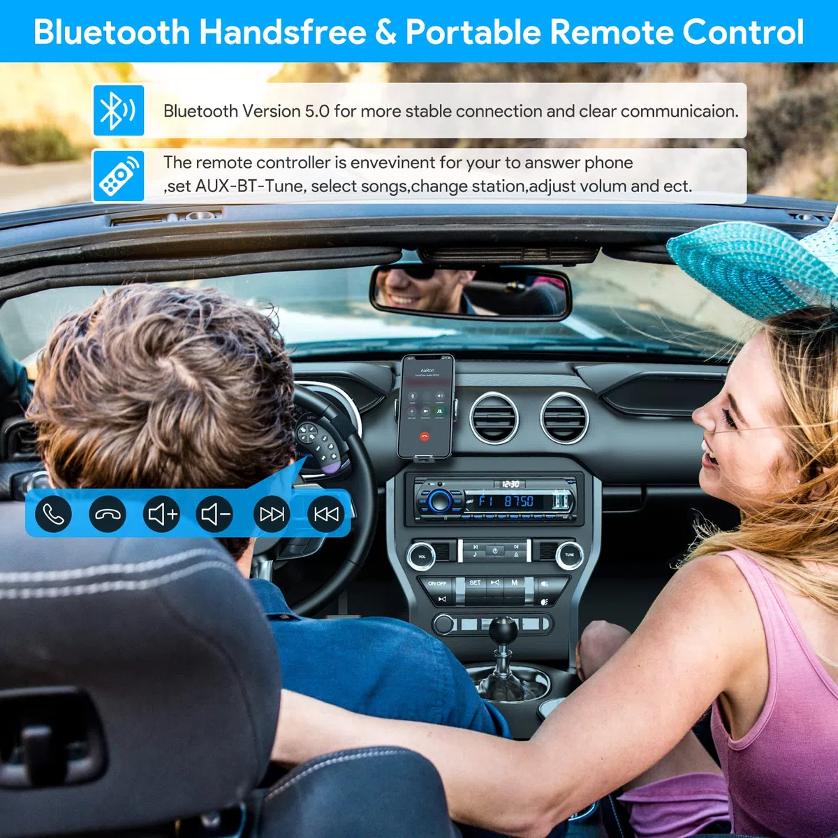 RDS Autoradio Bluetooth für 9-24V, FM/AM 1Din Autoradio mit Bluetooth Freisprecheinrichtung, 7 Farben Auto Radio mit 2 USB/MP3 Player/AUX/SD/Unabhängige Uhr, 30 Sender Gespeichert Werden