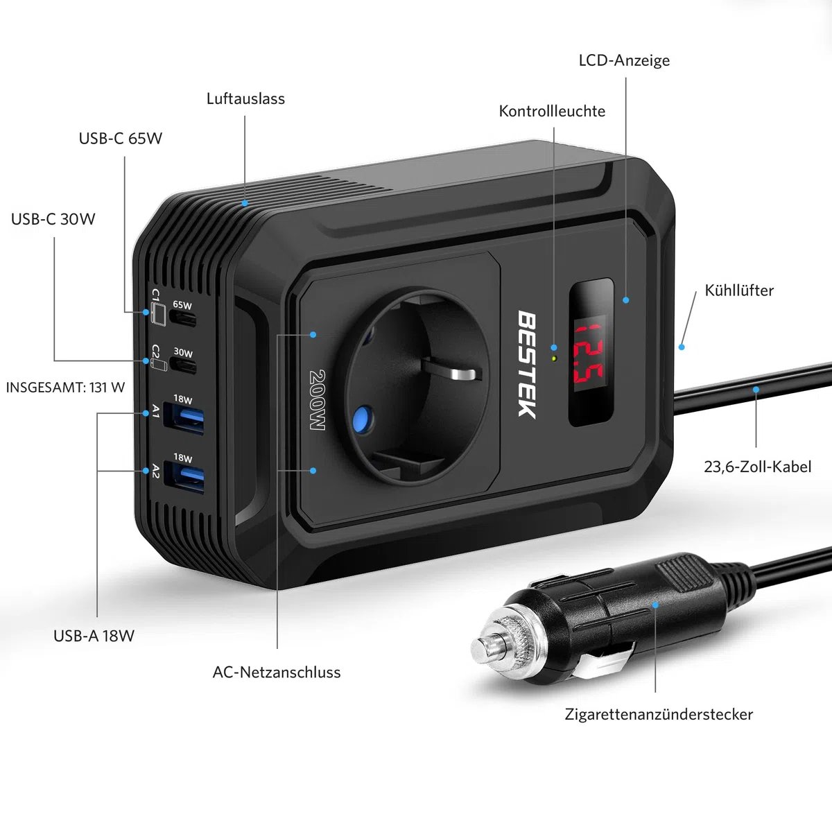 BESTEK 200W Spannungswandler 12 V 230 V 240 V,Wechselrichter 12v auf 230v mit 2 USB QC18-W und 2 USB-C (65 W und 30 W)&1 AC Anschlüssen Zigarettenanzünderstecker,von Laptops,iPhones,und mehr,Schwar