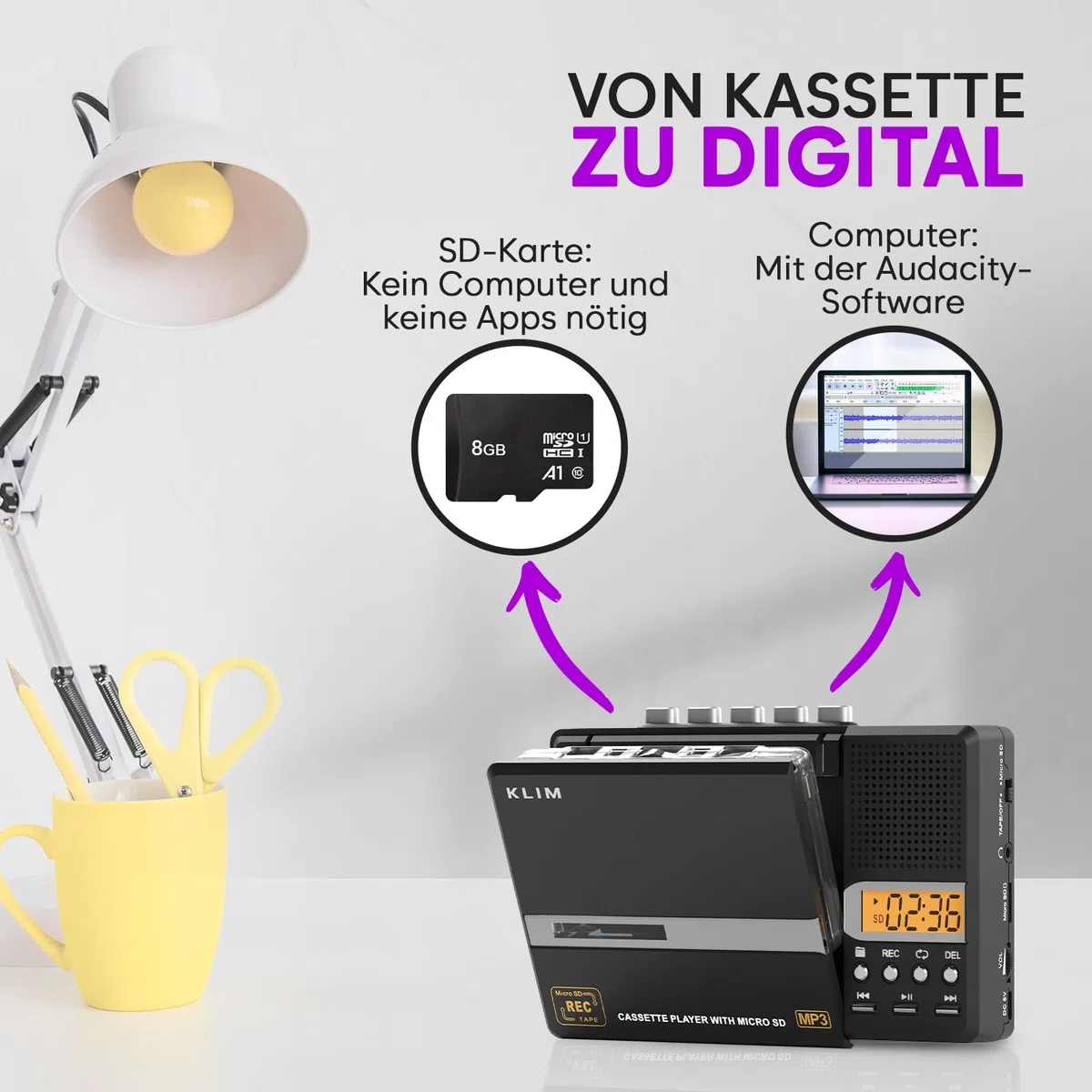 KLIM K10 Tragbare Kassettenspieler & Kassettenrecorder, Cassette Player & Kassette zu MP3 Konverter + Eingebautes Mikrofon & Lautsprecher + USB PC Transfer + Batterien/USB + 8GB SD Karte + Kopfhörer