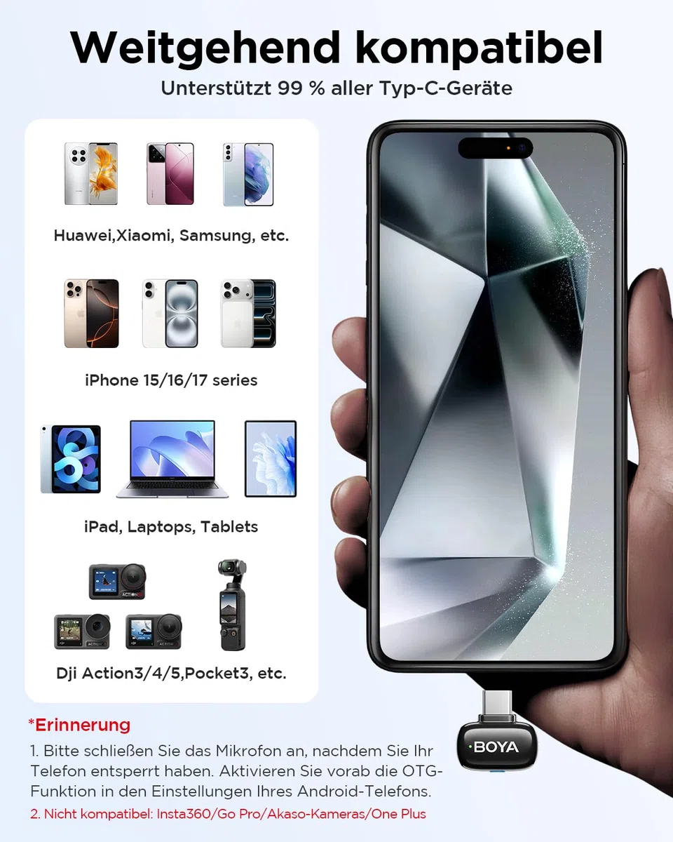 BOYA Mini 2 Mikrofon Handy, Wireless Lavalier Mikrofon für iPhone15/16/17 & Android USB-C, Ansteckmikrofone mit 48kHz/24Bit, App-Steuerung für Vlogging, TikTok Content Creator