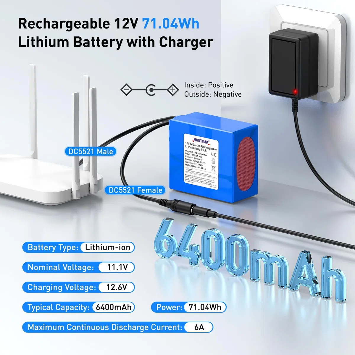 NASTIMA 6400mAh 71,04Wh 12V Wiederaufladbarer Lithium-Ionen-Akku, Geeignet für Kamera, Camcorder, MP3-Player, Elektronische Keyboard, CCTV-Kamera, Router, usw. Inklusive Ladegerät und Steckverbinder