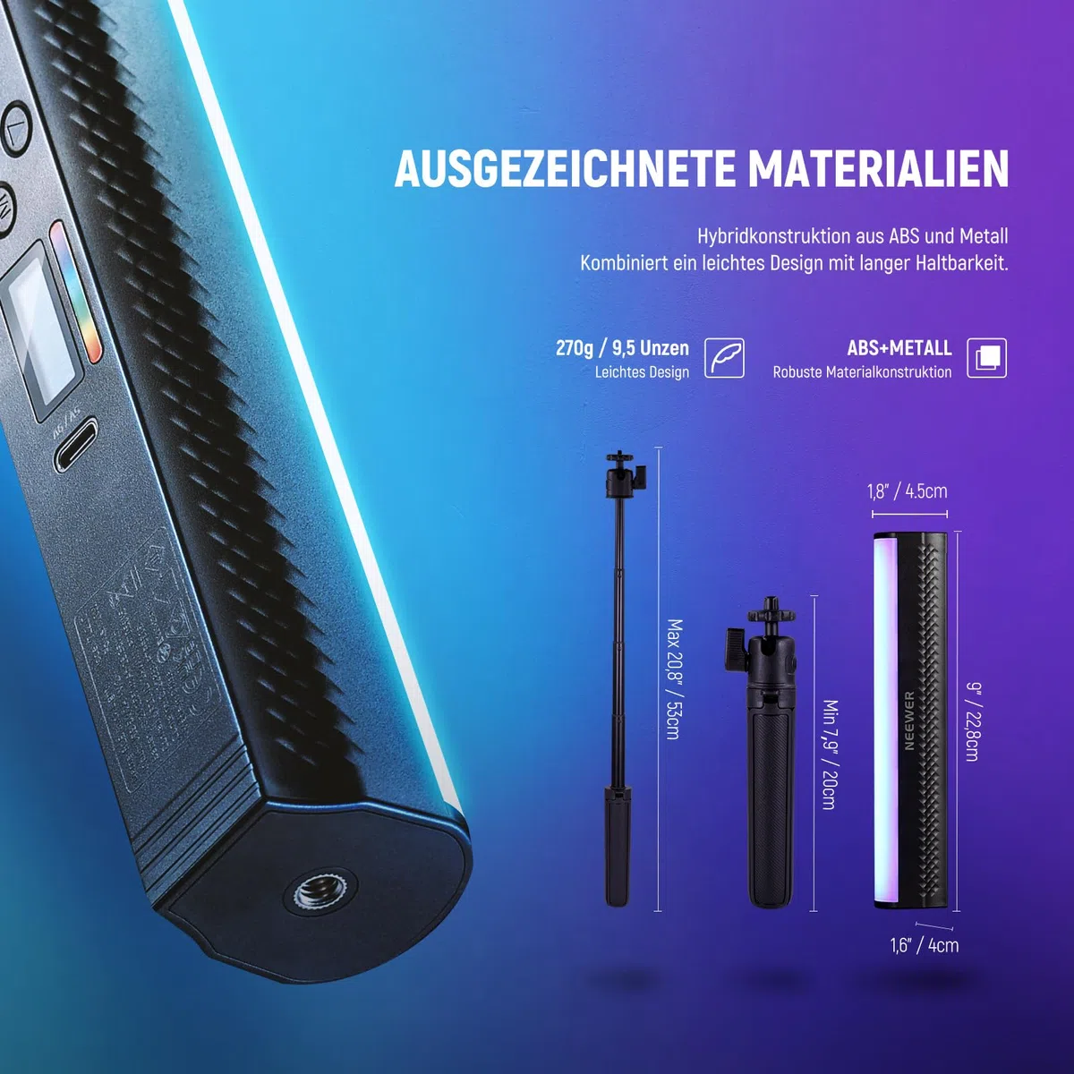 NEEWER RGB Lichtstab mit Tischstativ, magnetischer Hand Fotografie Video Beleuchtungsstab, 2500K-8500K dimmbare CRI95+ Vollfarb LED Röhrenlichtleiste, 2550mAh Akku 17 Szenen für Vlog TikTok, TL20C