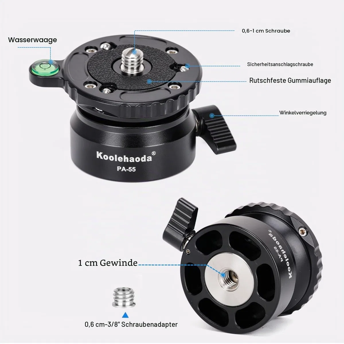 Koolehaoda PA-55 Stativ Nivellierbasis Leveling Base +/- 15 Grad Präzisionseinstellung mit 1/4" Schraube und Versatz Wasserwaage für Canon, für Nikon, DSLR-Kameras