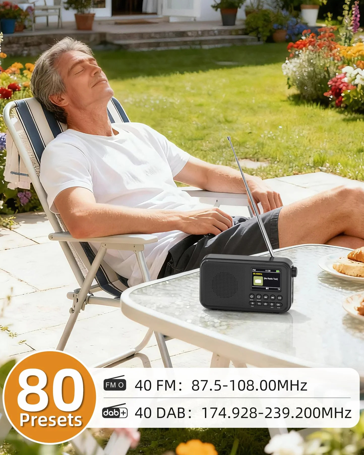 Tragbares DAB+ Radio mit Bluetooth, UKW/DAB Digitalradio mit 2,4" Farbdisplay, 80 Senderspeicher, 3000mah Akku oder Netzbetrieb, Support TF-Karte/Wecker/Sleeptimer/Klinken, Für Küche, Camping, Garten