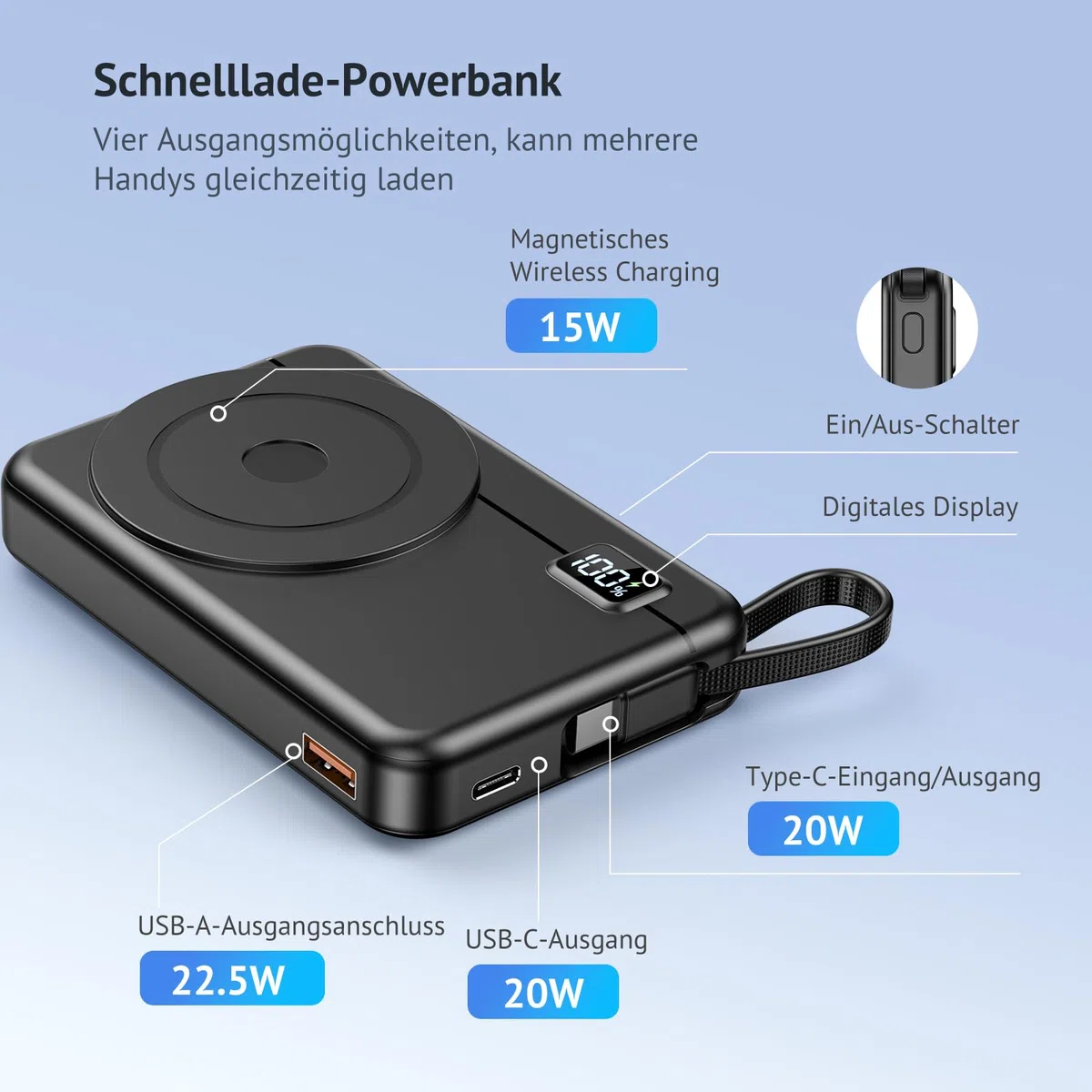 Magsafe Powerbank 10000mAh 22.5W Magnetische - Kabelloses Externe Handyakkus mit Typ-C-Eingang und -Ausgang USB-C, LED-Anzeige Kompatibel for iPhone 16 15 14 13 12 Pro Max Serie, Galaxy Muctsda
