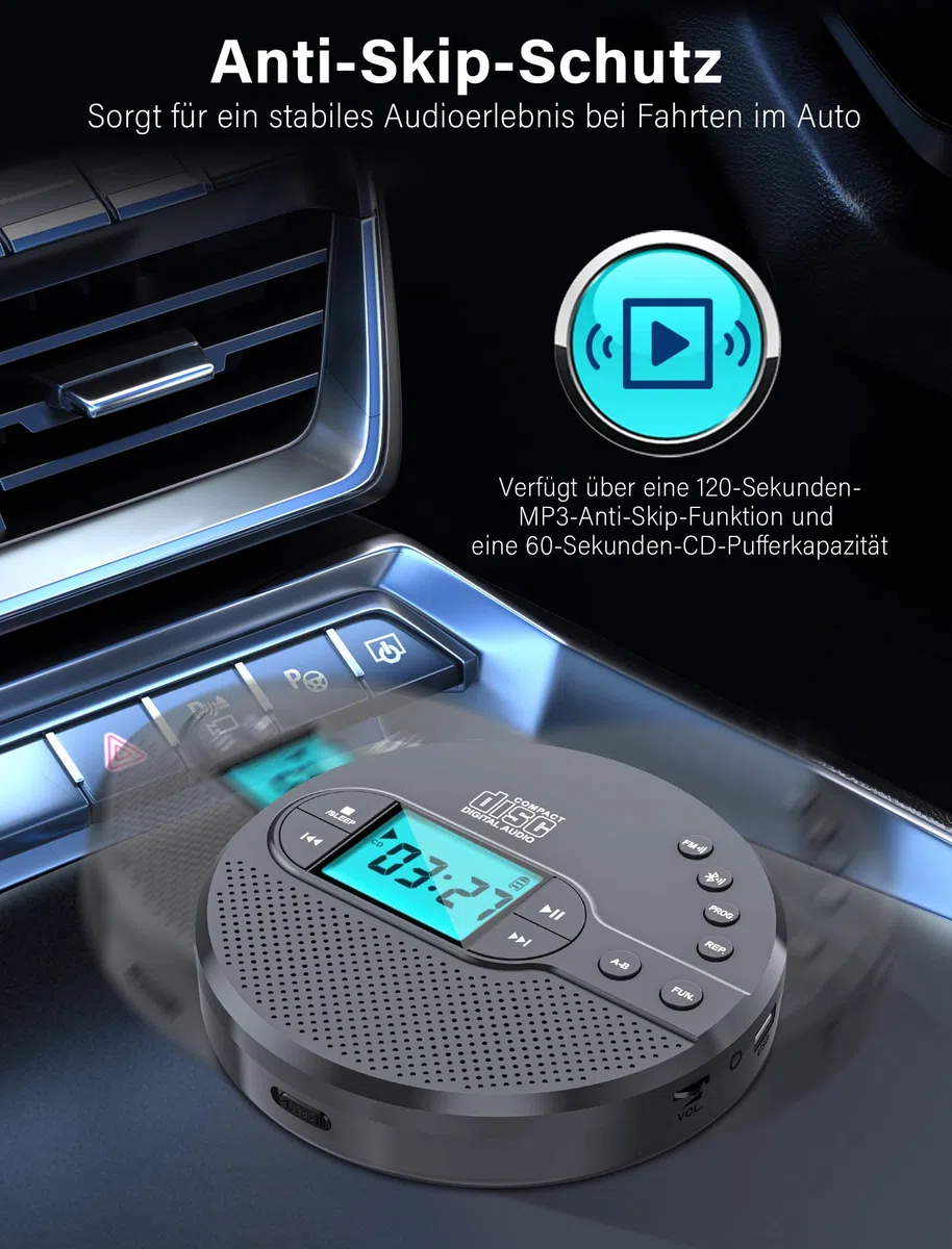 Discman-CD-Player mit Bluetooth-FM-Transmitter, Kopfhörern, LCD-Bildschirm, AUX, integriertem Lautsprecher, USB-Anschluss, 2000mAh wiederaufladbarer CD-Player tragbarer mit Anti-Skip-Schutz