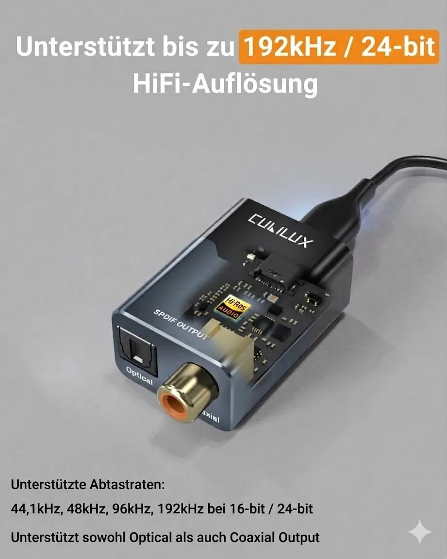 Cubilux USB C/A zu Optisch und Koaxial SPDIF Audio Adapter, 192 kHz 24 Bit PCM, Stereo und 5.1 Passthrough Digitalausgang, TOSLINK und Koax Dual Port, Plug and Play (Gray)