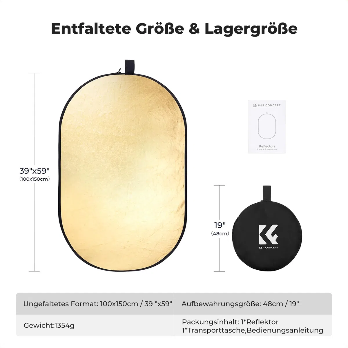 K&F CONCEPT 5 in1 Fotografie Licht Reflector 100x150cm Oval Diffusor Fotografie Faltreflektor für Portrait Foto Selfie Hochzeitsfotografie Außenbeleuchtung mit Tragetasche