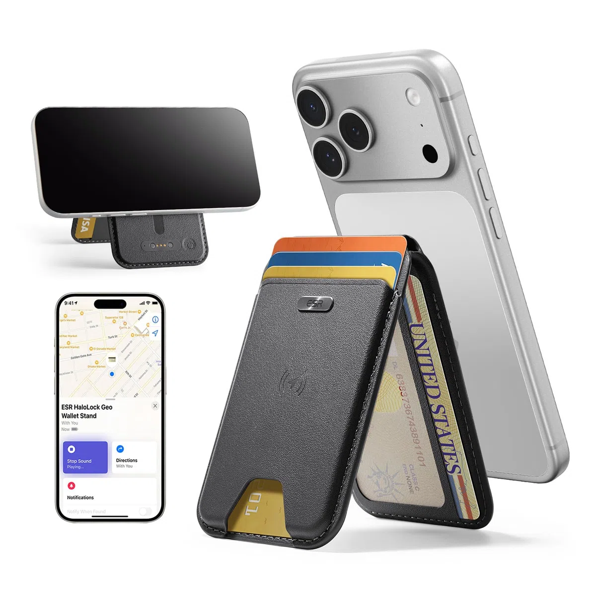 ESR Geo MagSafe Wallet mit vollständiger Wo ist?-Funktion, 5-Karten-Halter, RFID-Schutz, verstellbarem Ständer, Magnetisches Wallet für iPhone 17e/17/16/15/14/13/12 Serie, Nicht für mini, Schwarz