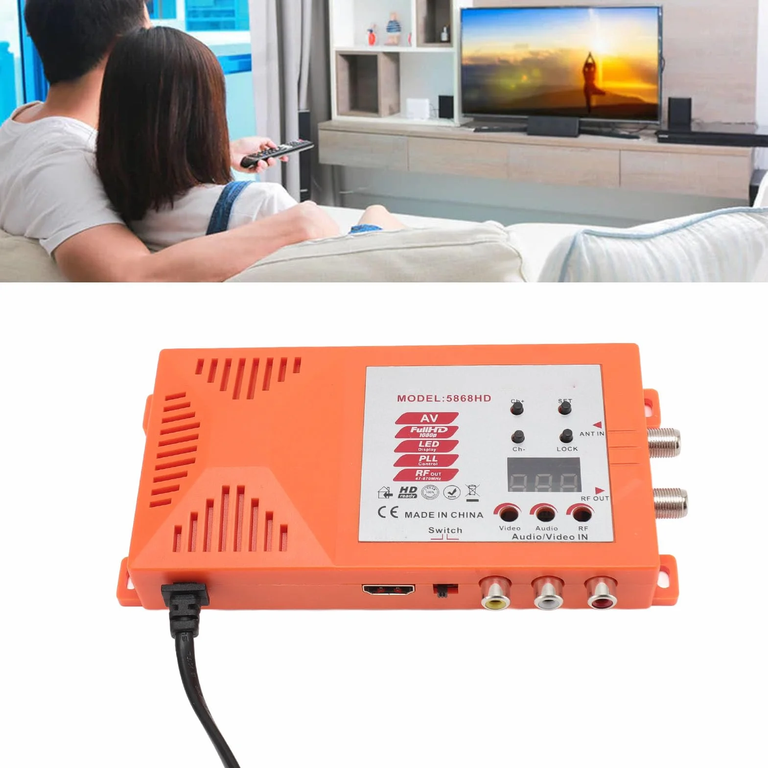 Jectse HDMI-Modulator-HF-Konverter, Koaxial-Composite-VHF-UHF-AV-zu-RF-Konverter, Unterstützt das PAL-NTSC-Format, mit Antenneneingang, Ausgang und Kanalschalter für