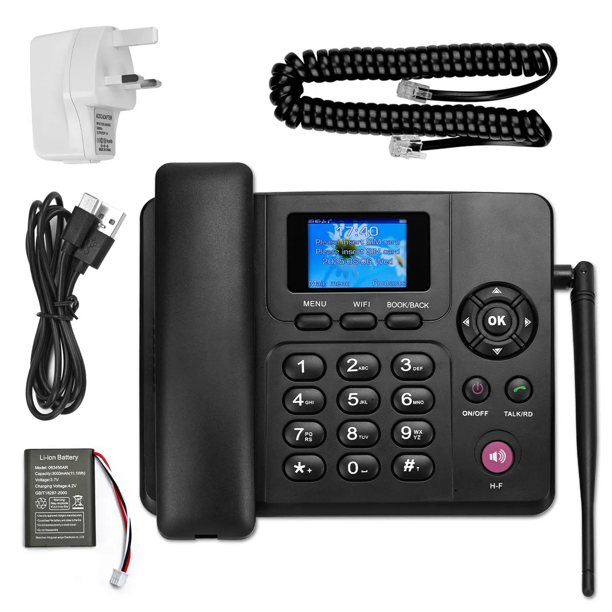 Lychee 2,3,4G Schnurloses Festnetztelefon - Dual SIM, WiFi - Mehrsprachig, großes Farbdisplay mit Hintergrundbeleuchtung- Abnehmbare Antenne- Tischtelefon für Büro/Hotel/Wohnungen
