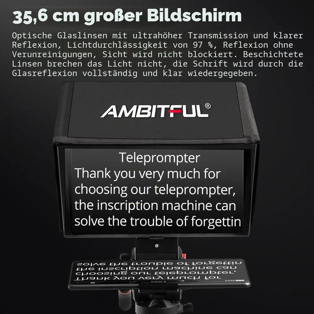 Ambitful T14Pro Teleprompter für Kamera, iPad, Android-Tablet, Smartphone, App-Steuerung/keine Montage, kompatibel mit iOS Android, für Online-Tech/Interview/Vlogger/Live-Streaming