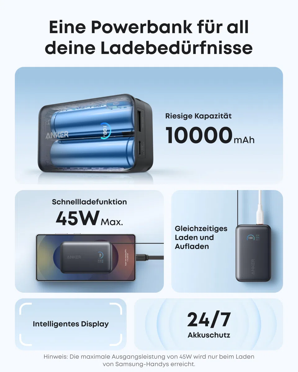 Anker Nano Powerbank,10.000mAh Externer Akku mit 70cm Anker InstaCord Einzugskabel, 45W Max Kompakter Akku, Smart-Display, für iPhone 17/16, iPad, Galaxy, Pixel und mehr