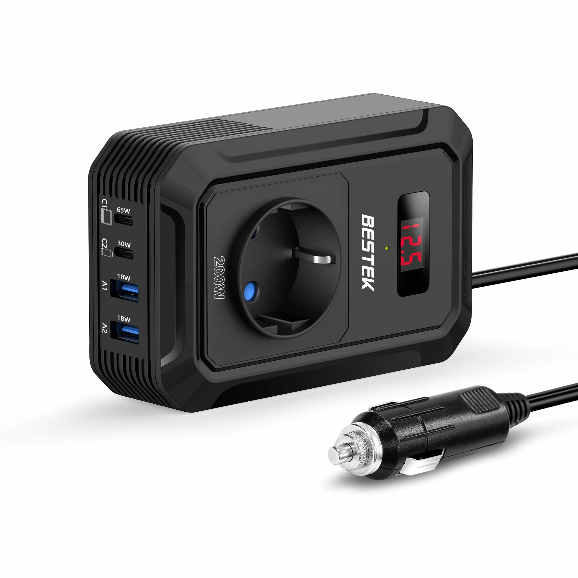 BESTEK 200W Spannungswandler 12 V 230 V 240 V,Wechselrichter 12v auf 230v mit 2 USB QC18-W und 2 USB-C (65 W und 30 W)&1 AC Anschlüssen Zigarettenanzünderstecker,von Laptops,iPhones,und mehr,Schwar