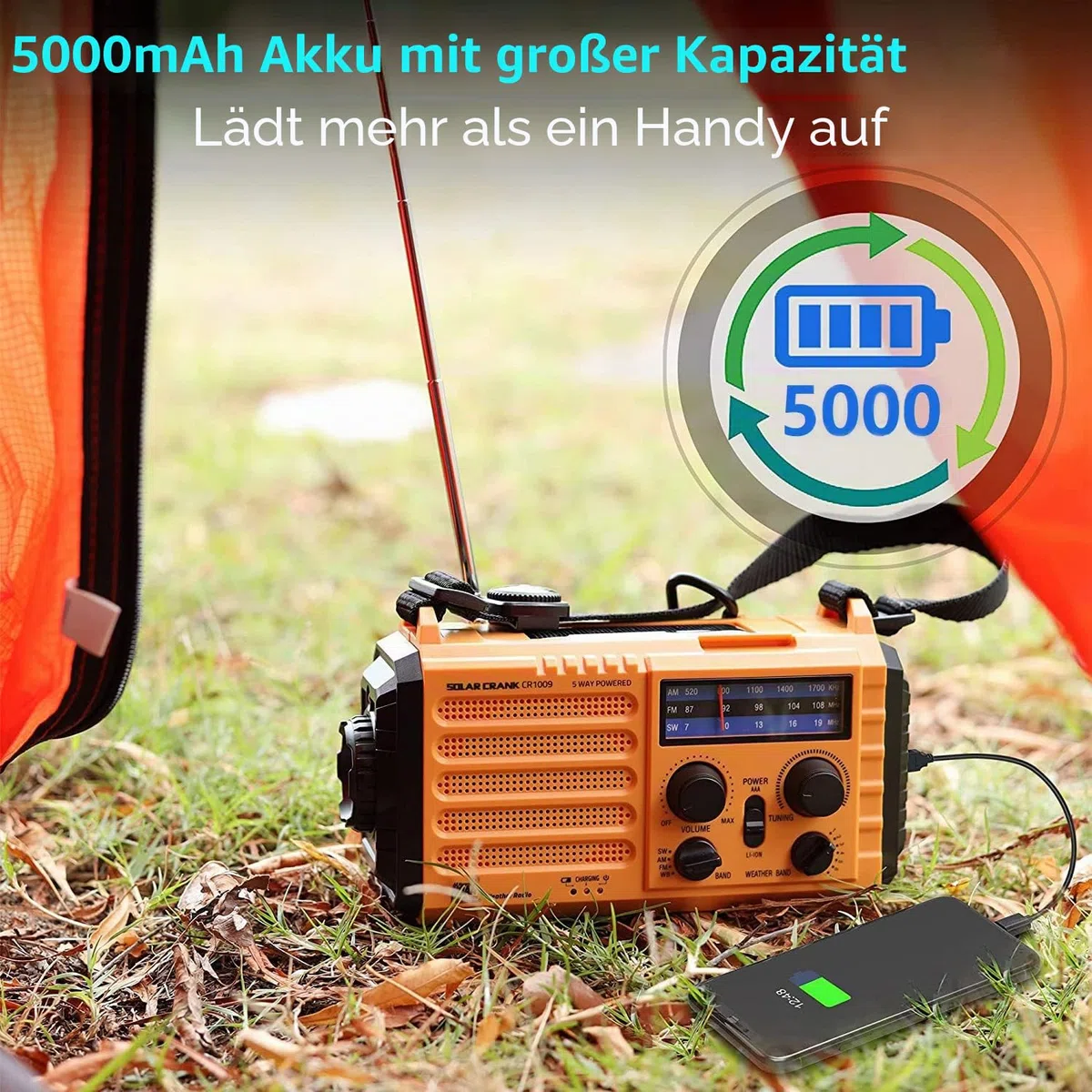 Tragbare Solar Radio, Notfall Radio mit Kurbel, Dynamo Wetter AM/FM/SW Radio, 5000mAh Wiederaufladbare Powerbank, Typ C Anschluss, LED Taschenlampe&Leseleuchte, SOS Alarm, Kompass für Camping Outdoor
