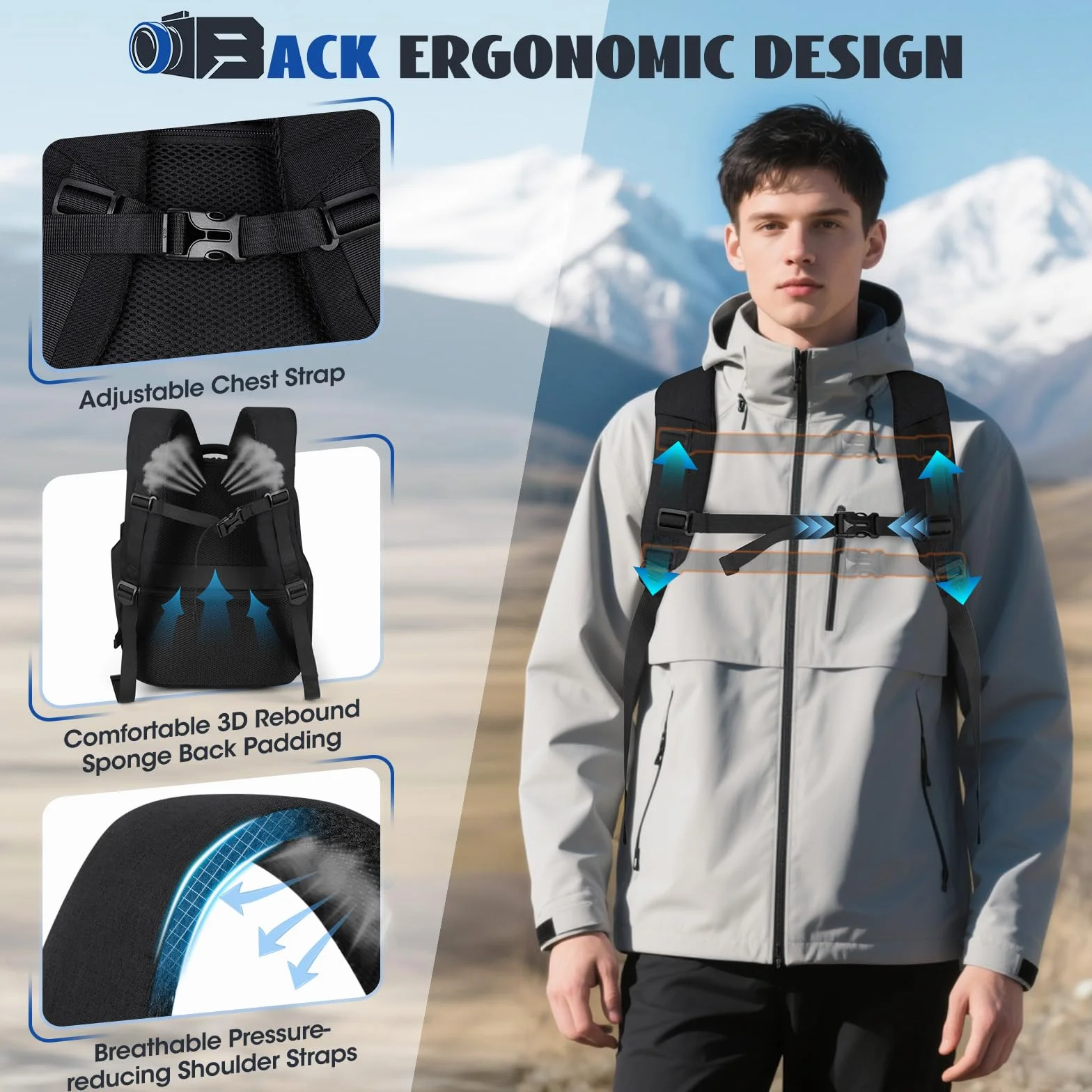 RAINSMORE Fotorucksack Kamerarucksack Groß mit 14 Zoll Laptopfach Leicht Kamera Rucksack DSLR SLR Kameratasche Regenschutz für Canon Nikon Sony Schwarz