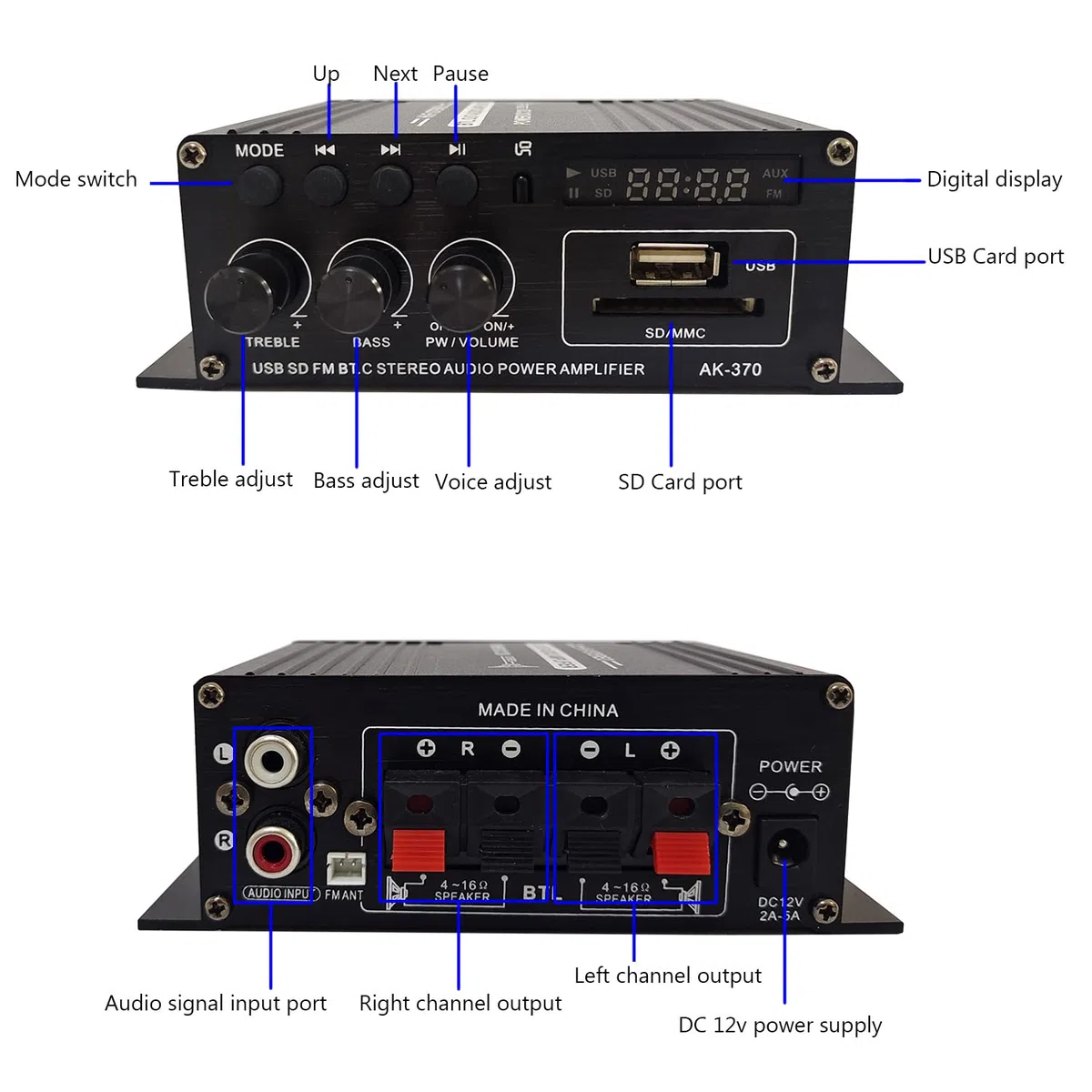 Bluetooth Mini Verstärker 12V, 2.0 Kanal Klar und Realität Sound 400 Watt Home Audio Stereo Hi-Fi Musik für Passiver Lautsprecher PC TV Auto (Kein Netzteil)