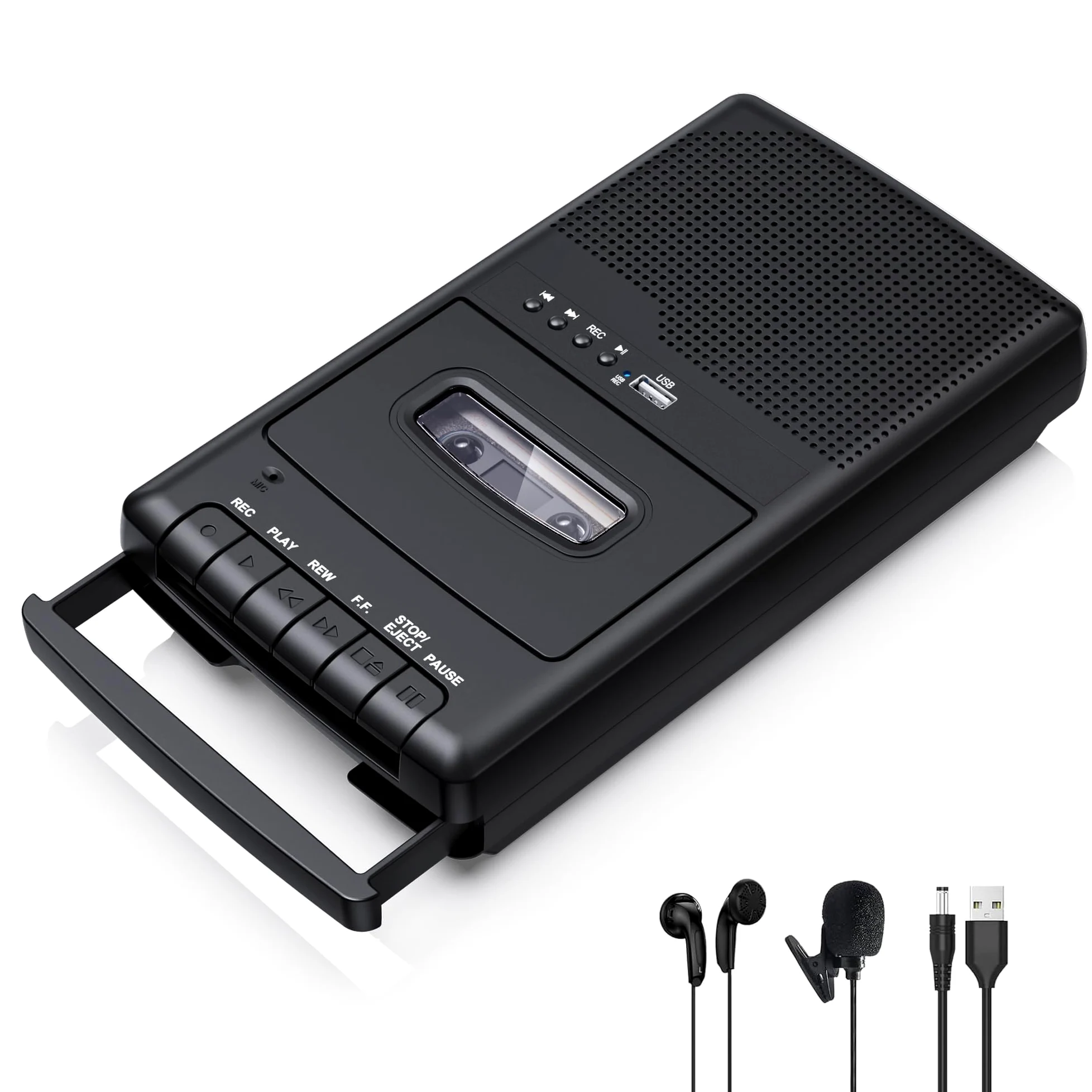 kassettenrekorder,Portable Kassettenspieler, Tragbarer USB-Kassettenspieler mit Eigenständigem Mikrofon, Digitalkonverter für Kassetten auf USB-Flash-Disk,Schwarz