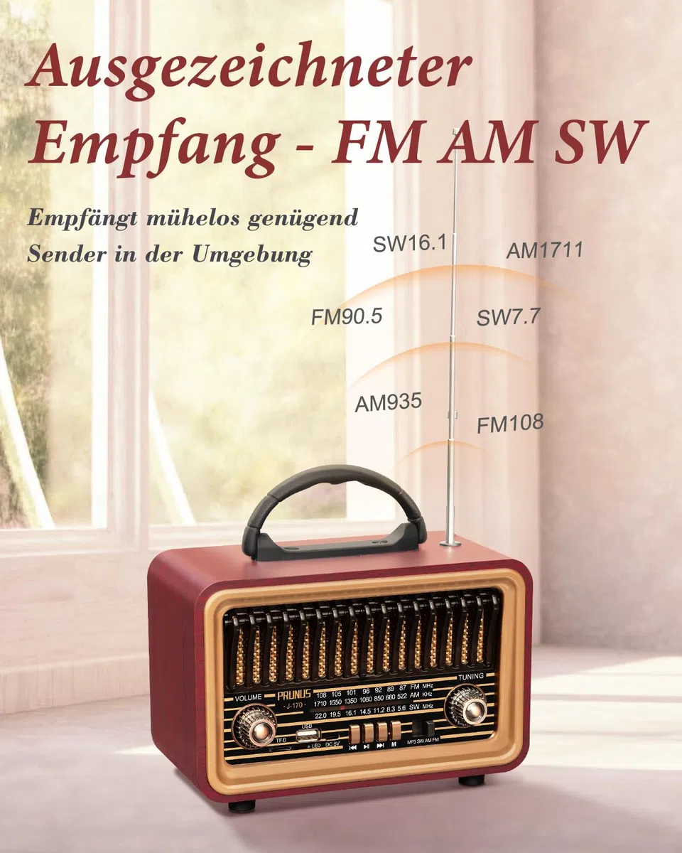 PRUNUS J-170 Bluetooth Radio Retro AM/FM/SW, Nostalgie Radio Klein mit 1800mAh Akku, Kofferradio Küchenradio mit lauter Sound, Unterstützt USB/TF/TWS Pairing, Einfaches Radios für Senioren.