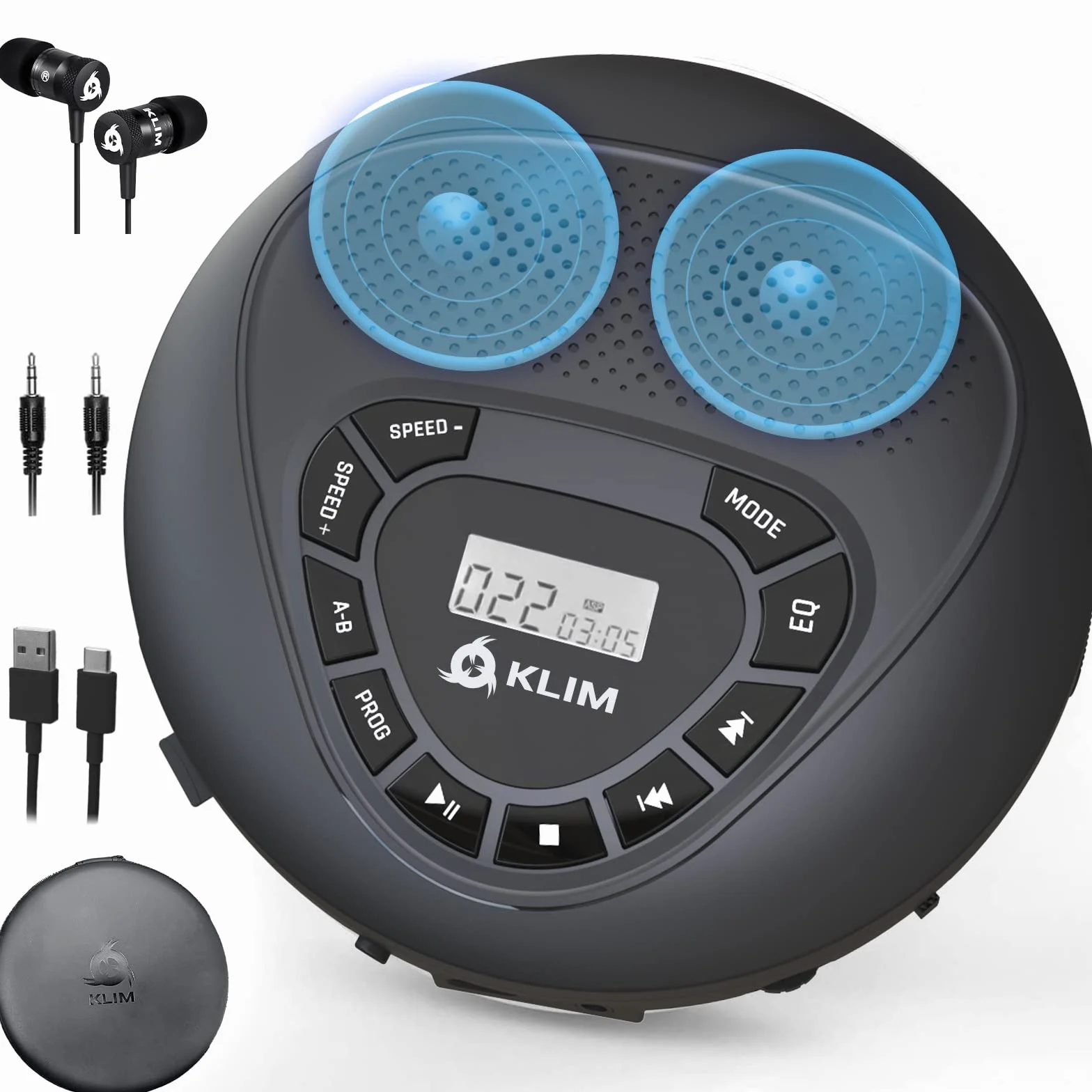 KLIM Speaker - CD Player mit Lautsprecher - NEU - Wiederaufladbarer Akku - Tragbarer CD-Spieler mit Kopfhörern - SD/TF-Karte - AUX - Idealer Auto-CD-Spieler - CD Player tragbar mit Lautsprecher