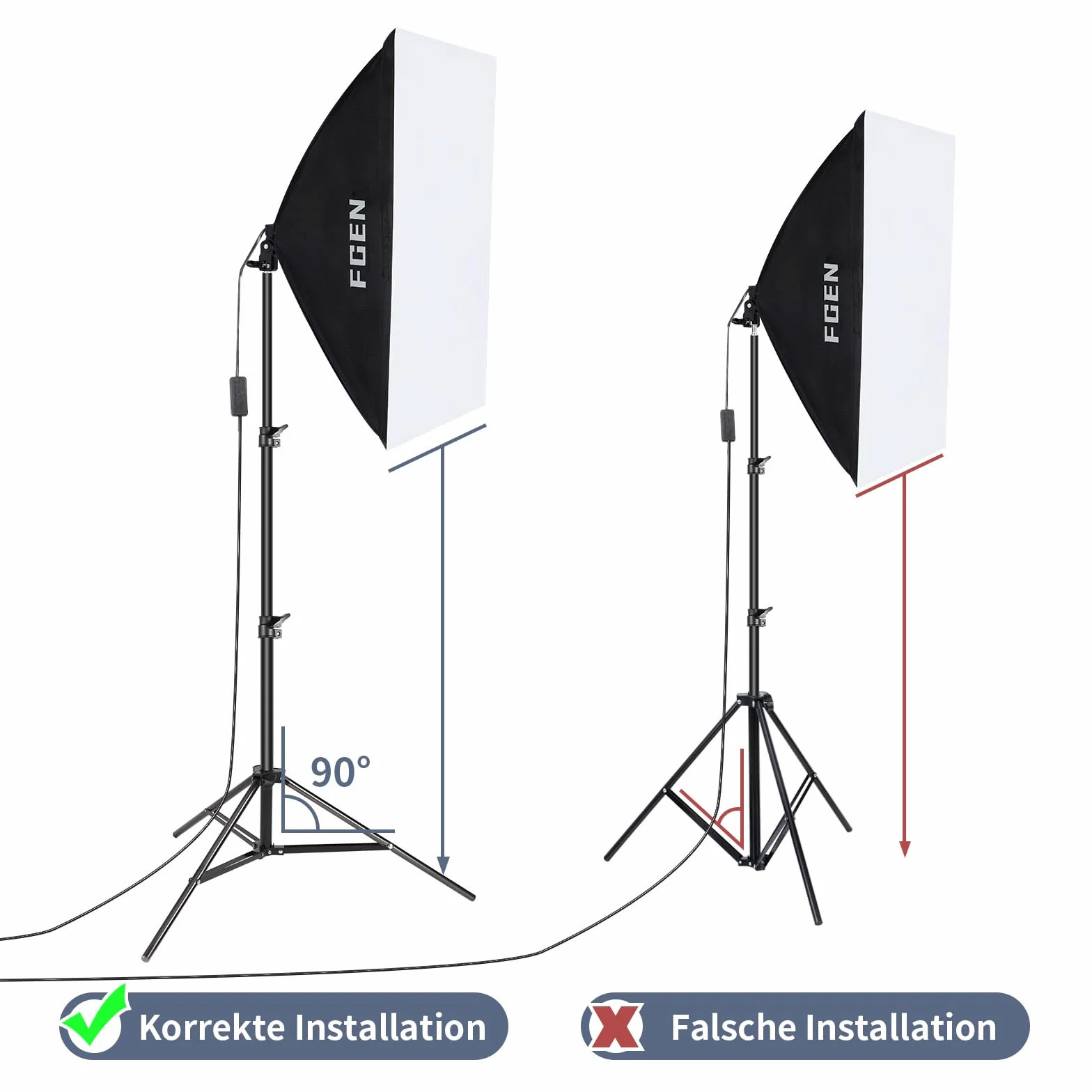 Softbox Fotostudio Set,FGen Fotolicht 2x50x70cm Beleuchtung für Fotostudios mit E27 Sockel 135W 5500K Fotolampe und 2M verstellbare Lichtstative für Studio-Porträts, Produktfotografie