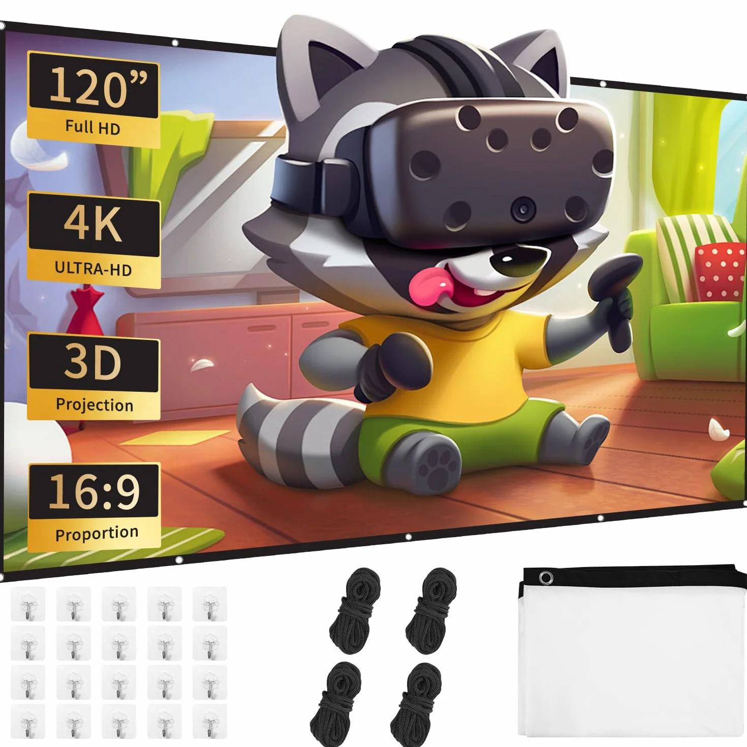 120 Zoll Leinwand Beamer,Faltbare Leinwand 16:9 Einfache Hängende Filmleinwand mit Haken, Seilen, 120 Zoll für Heimkino, Freiluftkino, Schule, Treffen, Camping