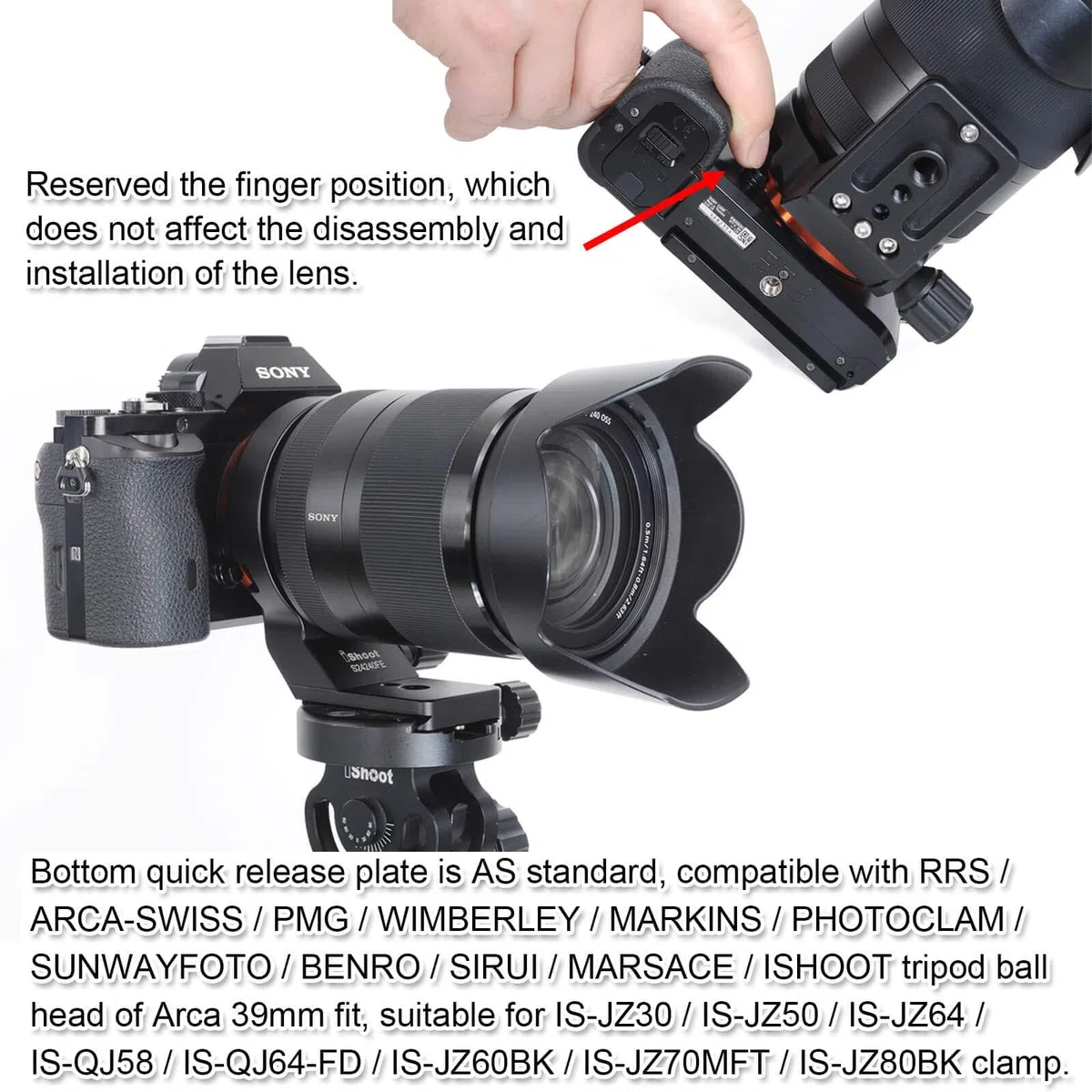 iShoot Stativ Mount Ring Objektiv Kragen mit Arca-Swiss Fit Schnellspannplatte kompatibel mit Sony SEL35F14Z 35mm, SEL90M28G 90mm f/2.8 Macro G OSS, SEL100F28GM 100mm f/2.8 STF GM OSS
