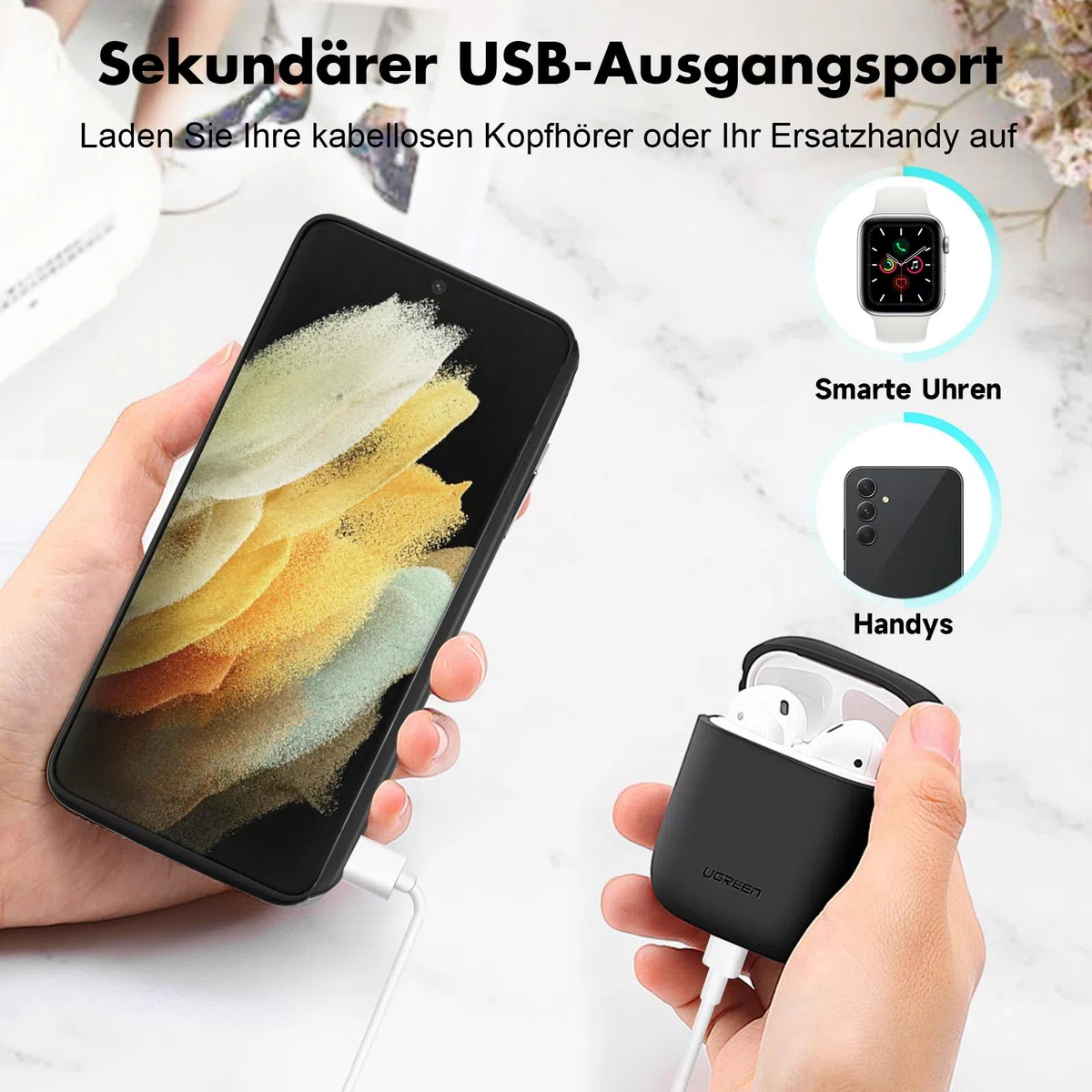 Akkuhülle für Samsung Galaxy S21 Ultra, 5000mAh, Schlanke Wiederaufladbare Ladehülle Erweiterte Ladehülle mit Standfuß,Tragbare Powerbank für Samsung Galaxy S21 Ultra 5G (6,8 Zoll), Schwarz