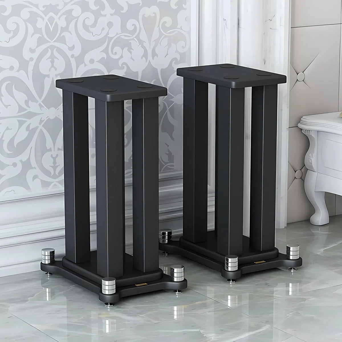 2er-Set lautsprecherständer, Stahlrahmenstütze Lautsprecher Stand für Lautsprecher mit bis zu 40KG, Vibrationsabsorbierendes MDF-Design, Verbessern Sie die Klangqualität (Black, 60cm)
