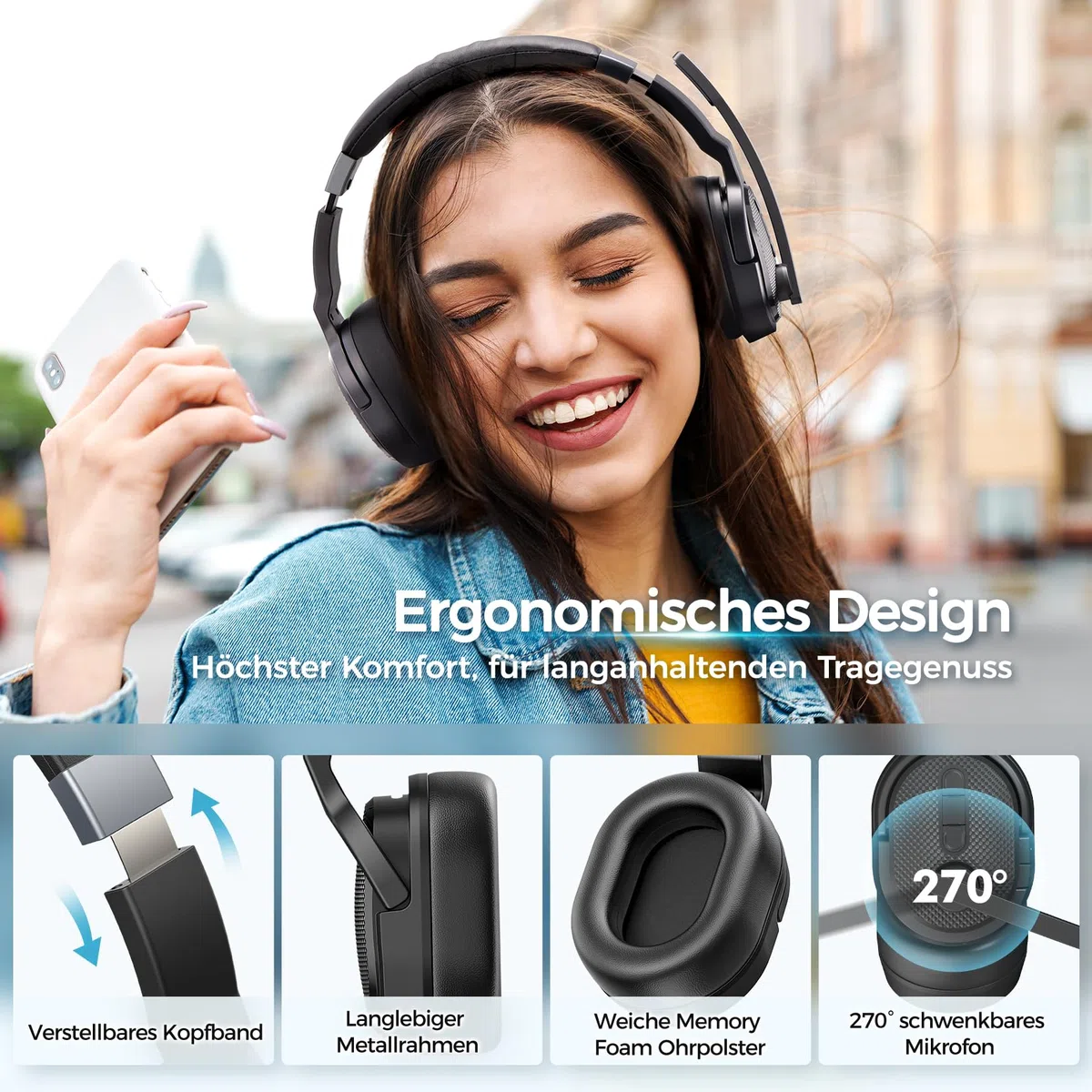 COSMUSIS Bluetooth Headset mit Mikrofon, 50 Std. Akkulaufzeit Wireless Headset Kabellos, Bluetooth Kopfhörer mit Mikrofon und abnehmbare Ohrkissen, Noise Cancelling Kopfhörer mit Stummschalt-Taste