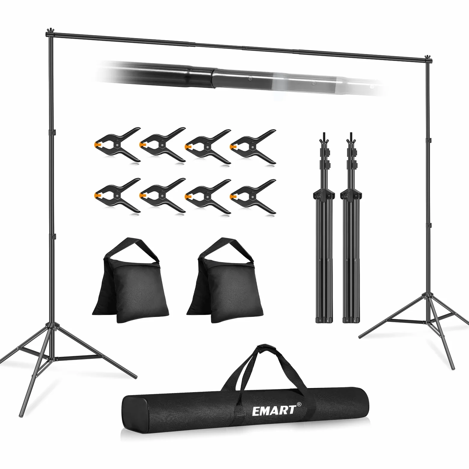 EMART Foto Hintergrund Ständer, 2x3m Verstellbarer Hintergrundsystem mit 8 Hintergrundklemmen, 2 Sandsack für Fotostudio Porträt Produktfotografie Studiofotografie, aus Metall