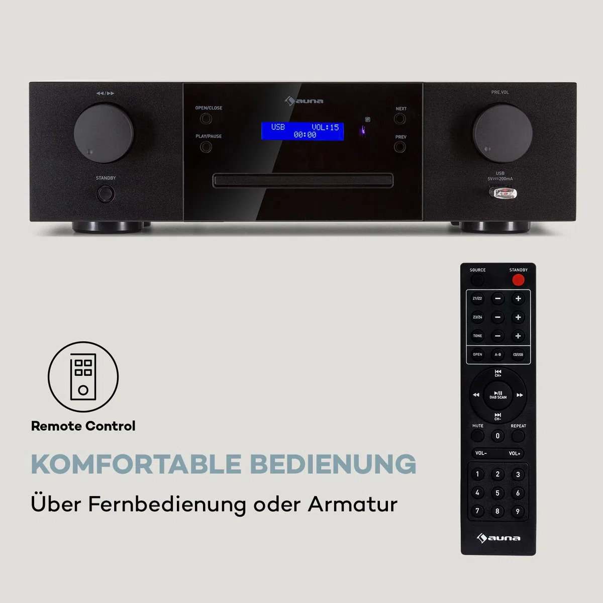 Auna CD-1000 DG, CD-Player HiFi, USB, MP3, Fernbedienung, mit LED-Display, CD Receiver Aluminium, schwarz