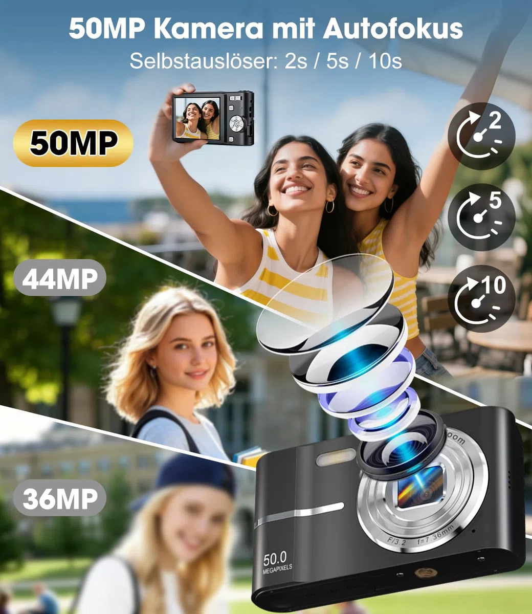 1080P Digitalkamera Autofokus 50MP Vlogging Kamera Anti-Shake 16X Zoom Compact Point and Shoot für Erwachsene Anfänger