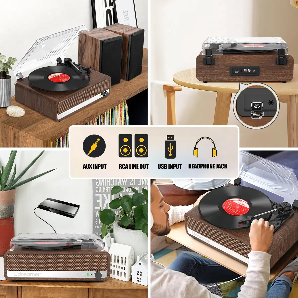 Udreamer Plattenspieler mit Lautsprecher Bluetooth Plattenspieler Vintage Vinyl Player Unterstützt USB AUX-Eingang Kopfhörer RCA Line-Out 3 Geschwindigkeiten Riemenantrieb Spiegeldesign Nussbaum