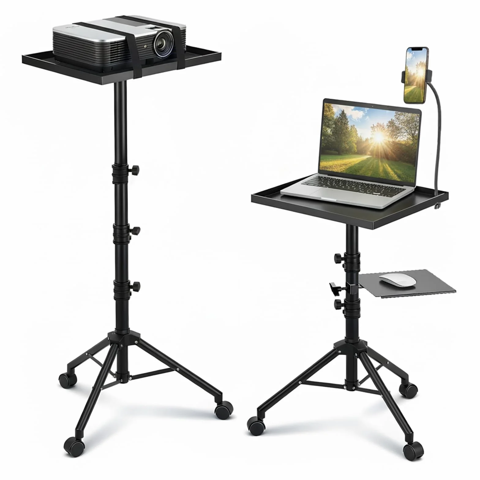 Beamer Ständer, 4-in-1 Beamer Stativ, Tragbarer, Bodenmontierter Stativ Beamer, Design mit Rädern – Höhenverstellbar, 73 bis 149 cm, um 180 Grad Schwenkbar