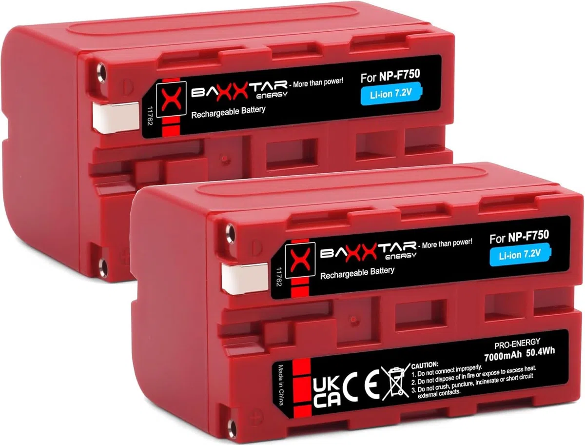 Baxxtar Pro 2X Akku NP-F750 (7000 mAh / 50,4 Wh) – für LED-Videoleuchten, Field-Monitore & Sony Camcorder – kompatibel mit NP-F550 F750 F970-Schächten – Doppelpack