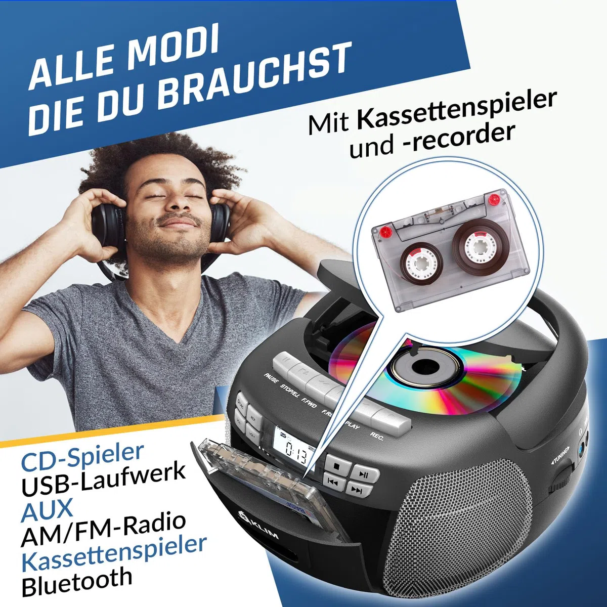 KLIM CD Player mit Kassette, Kassettenspieler, Kassettenrekorder, AM/FM Radio & USB, Bluetooth CD-Player, Netz- und Batteriebetrieb - Silber