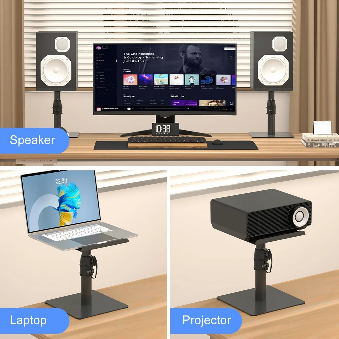 suptek Freistehender Lautsprecherständer Desktop-Set, Höhenverstellung und Neigung, Universal-Audio-Halterungen für Computer- und Bücherregal-Lautsprecher, erhöhter Sound, 2er-Pack, Schwarz, SDM001T