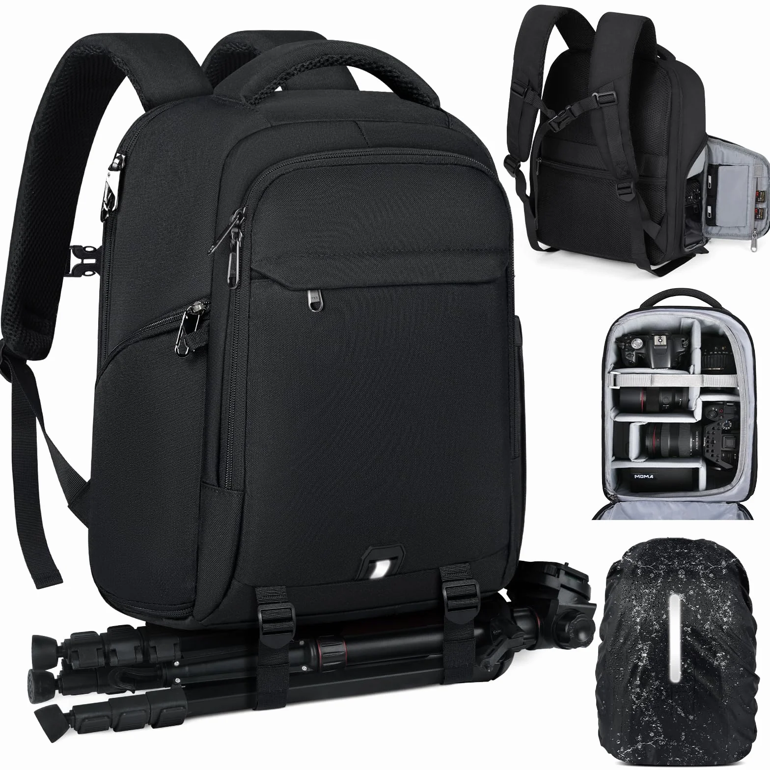 RAINSMORE Fotorucksack Kamerarucksack Groß mit 14 Zoll Laptopfach Leicht Kamera Rucksack DSLR SLR Kameratasche Regenschutz für Canon Nikon Sony Schwarz
