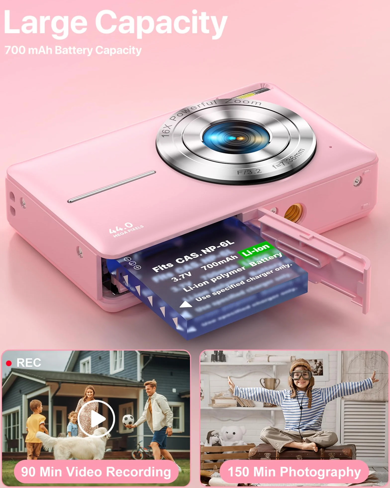 Digitalkamera 1080P Fotokamera 44MP Kamera Fotoapparat Tragbare Kompaktkamera mit 2,4" LCD Bildschirm, 16X Digitalzoom, 32G Micro Speicherkarte, 1 Akku für Kinder Teenager Student Anfänger-Rosa