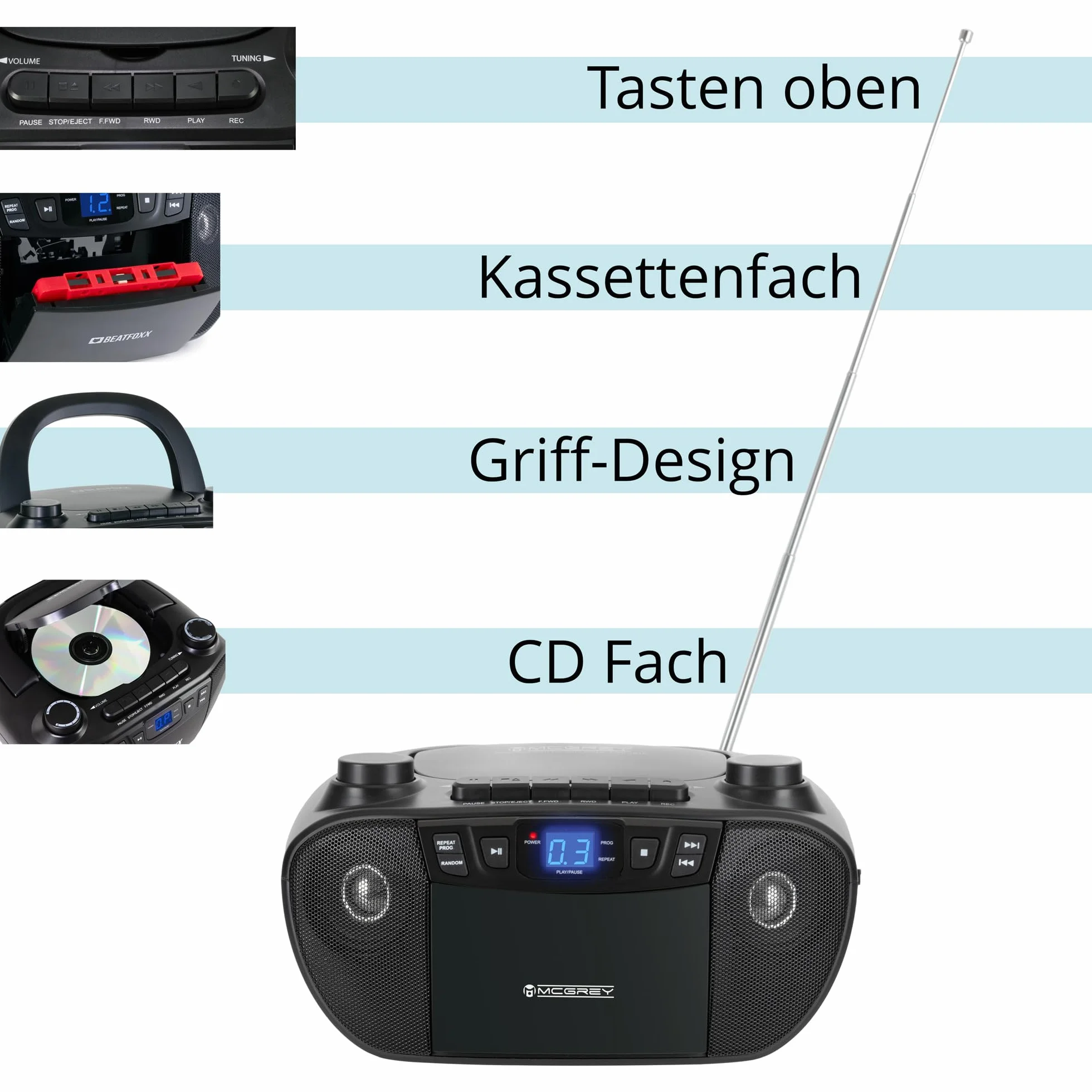 McGrey CDB-1016 BK Boombox mit Kassette, CD-Player, Radio mit Tragegriff - Rekorder mit AUX-Eingang und Kopfhörer-Ausgang - Betrieb über Netzkabel oder 6X Typ C-Batterien - Kinder & Erwachsene