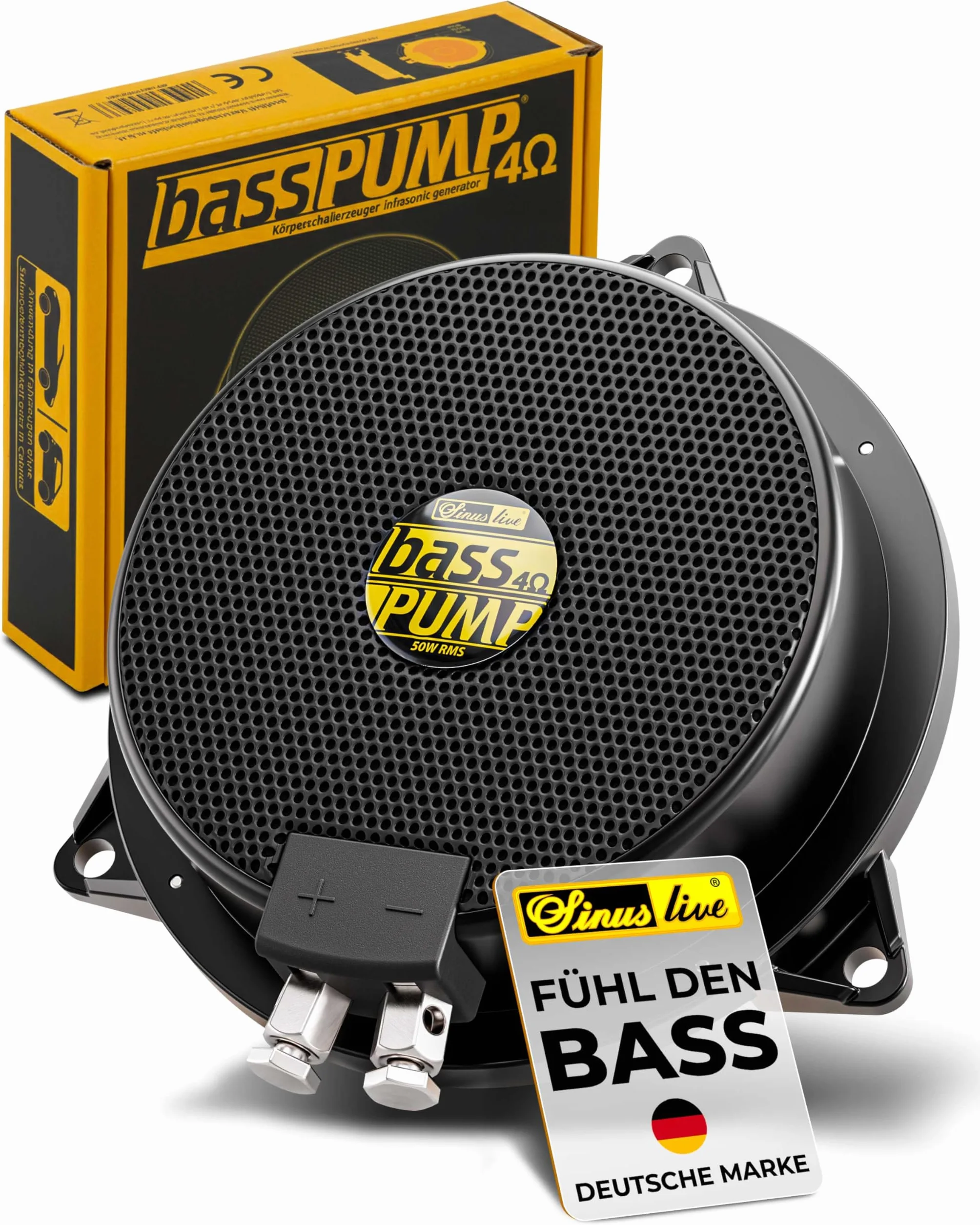 Sinuslive bassPUMP 4 Ohm Körperschallwandler, 50 W RMS Bass-Shaker für spürbaren Bass, Heimkino, Gaming-Stuhl, Sofa, Auto und SIM Racing, Body Shaker - 4 Ohm schwarz