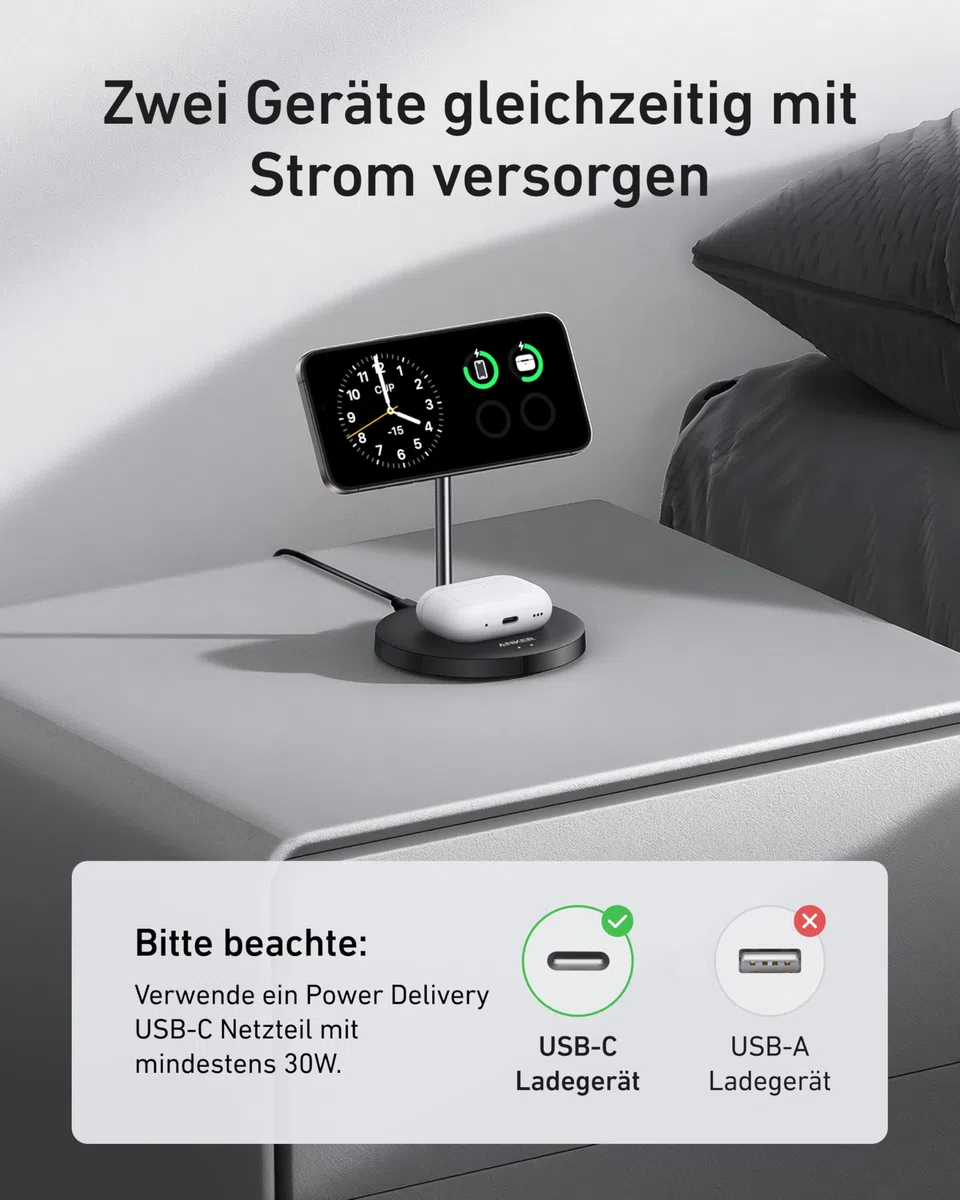 Anker MagGo 15W Magsafe Ladegerät kompatibel, 2-in-1 Induktive Ladestation, Qi2 Wireless Charger für iPhone 17/16/15/14/13/12, AirPods Pro, Mit 1,5m USB C Kabel, ohne Netzteil